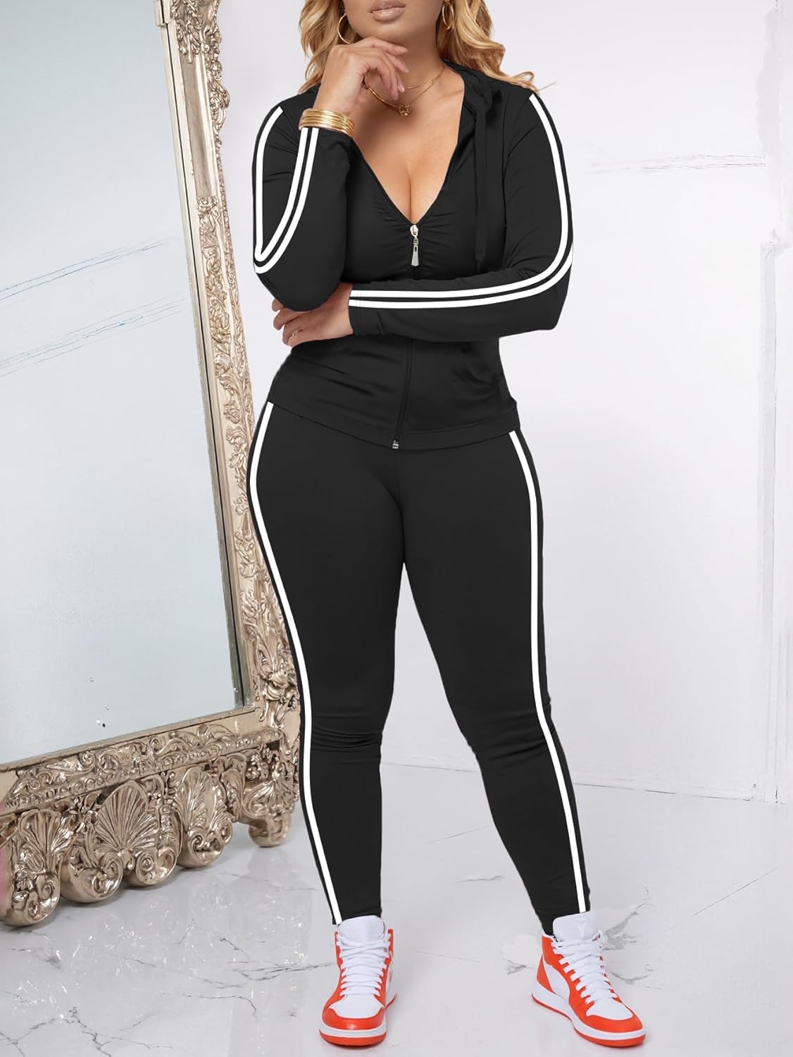 Alternative view of Hakubeby Women 2 Piece Outfits Casual Workout Sets Striped Bodycon Tracksuit Zip Up Long Sleeve Hoodle Jacket Jogger Pant Set