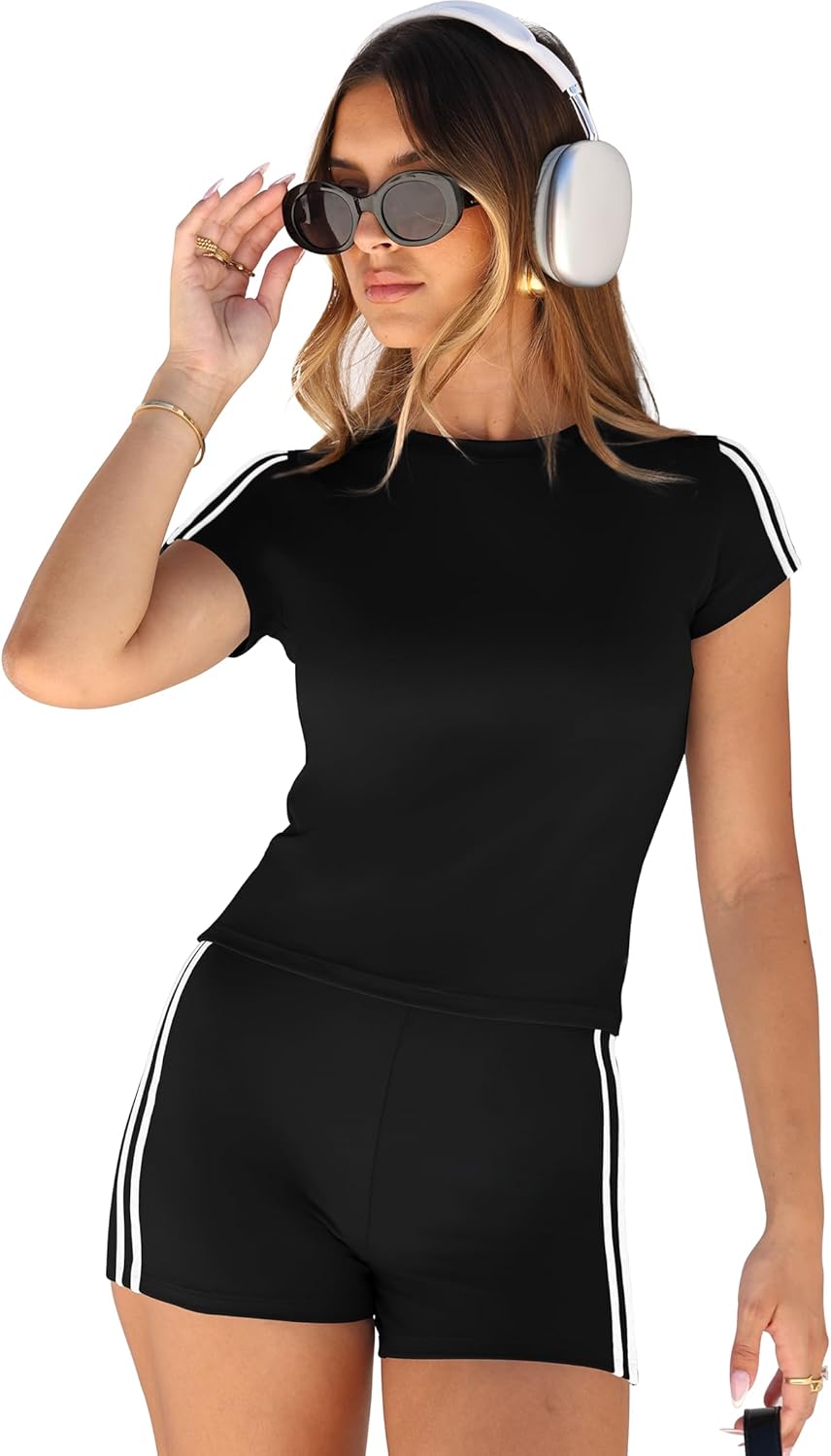 NIASHOT Womens Two Piece Lounge Sets Summer Contrast Side Stripes 2 Piece Workout Athletic Outfits Matching Clothing Set