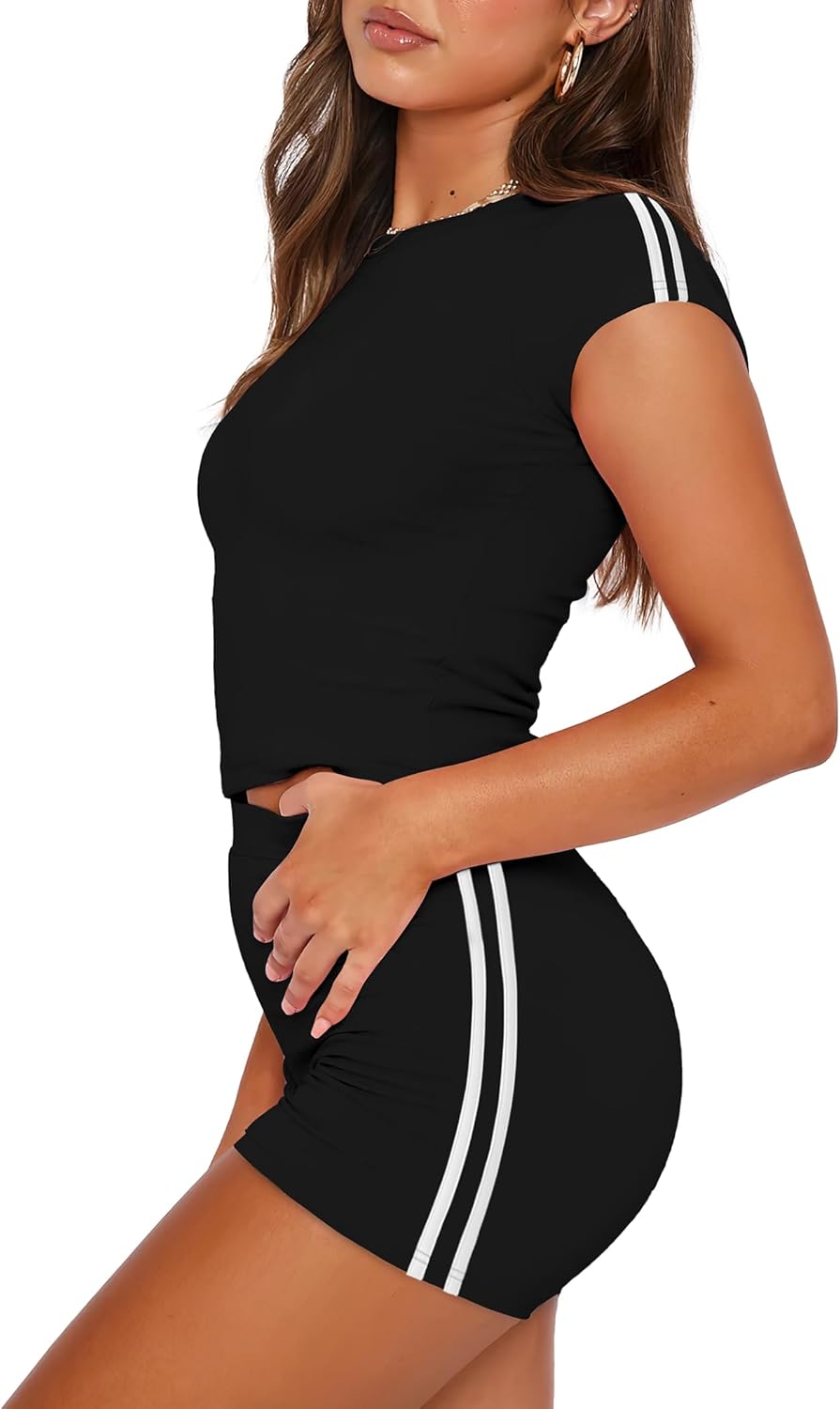Alternative view of NIASHOT Womens Two Piece Lounge Sets Summer Contrast Side Stripes 2 Piece Workout Athletic Outfits Matching Clothing Set