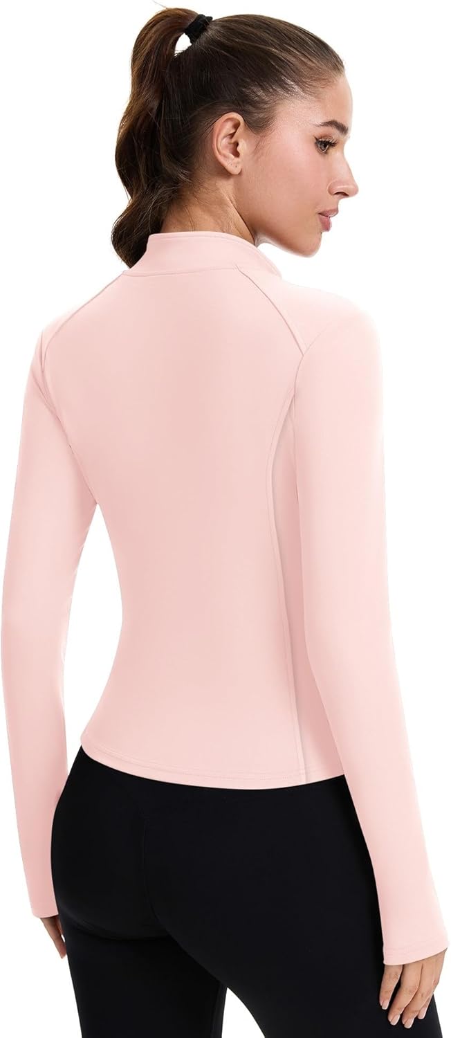 ZHENWEI Workout Jackets for Women Full Zip Up Cropped Athletic Long Sleeve Lightweight Slim Fit Running Tops with Pockets
