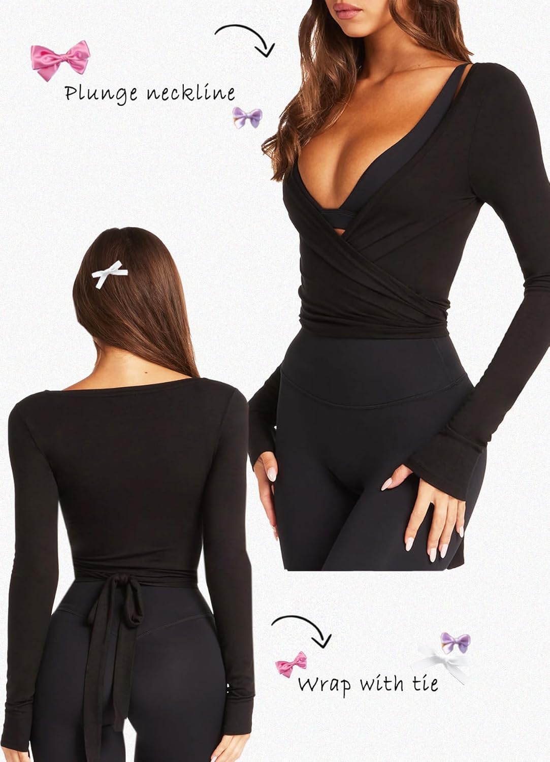 Navneet Women Long Sleeve Ballet Pilates Yoga Wrap Tie Front Tops Workout Gym Shirts Cardigan