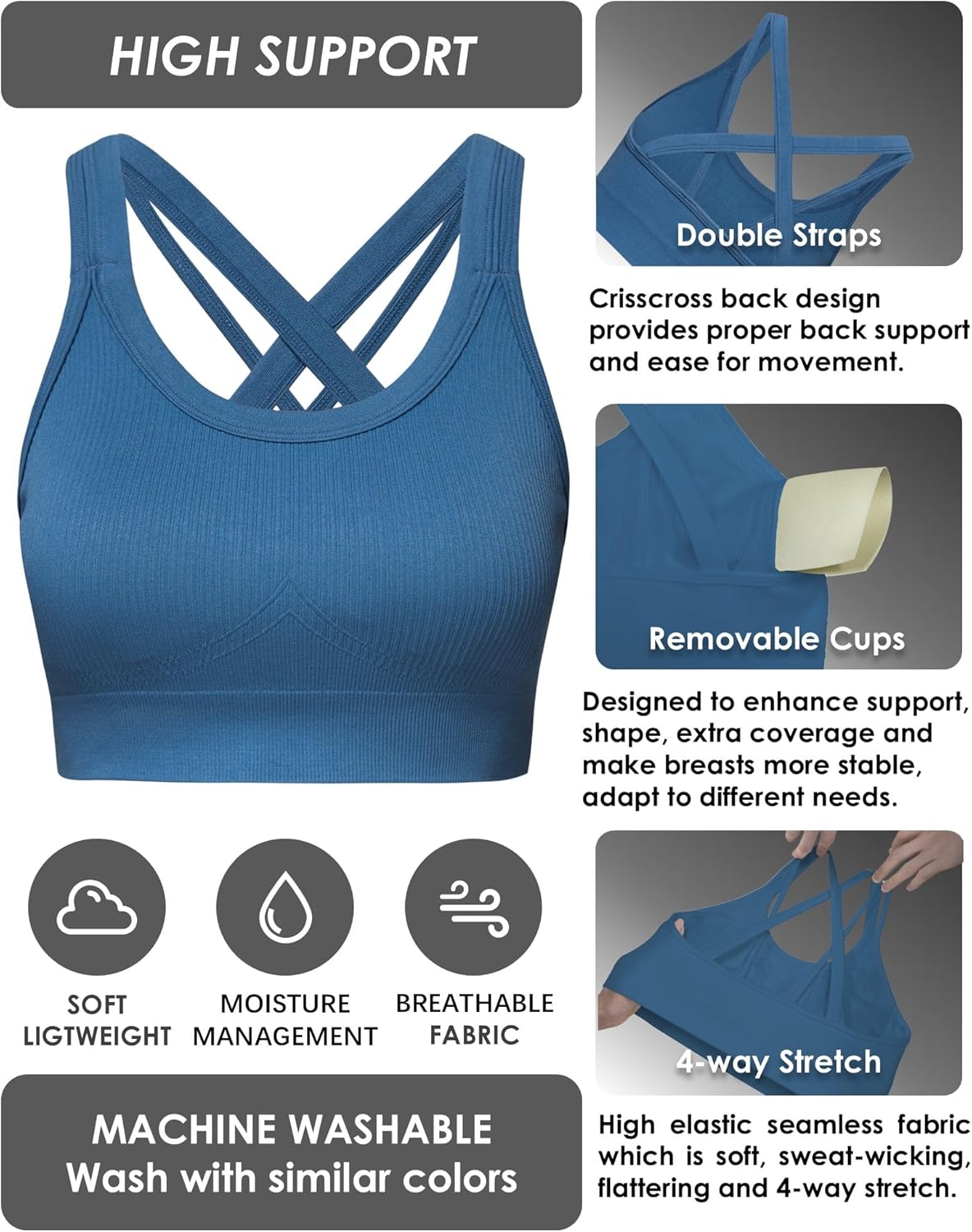 Sports Bras for Women HIigh Support, Criss-Cross Back Padded Strappy High Impact Sports Bras for Women Large Bust - Image 4