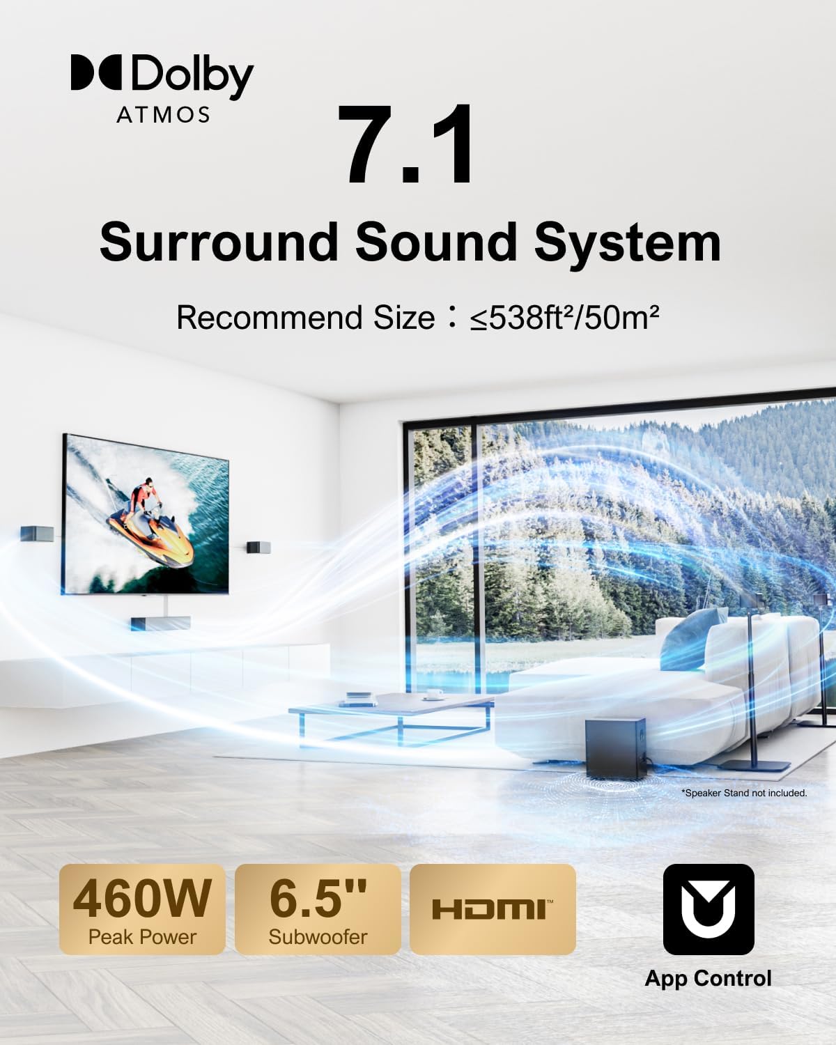 ULTIMEA 7.1CH Surround Sound System for TV, Soundbar with Dolby Atmos, 6.5" Wireless Subwoofer, APP Control, 4 Wired Surround Speakers, Peak Power 460W Soundbar for TV, Poseidon D80 (New 2025 Model)