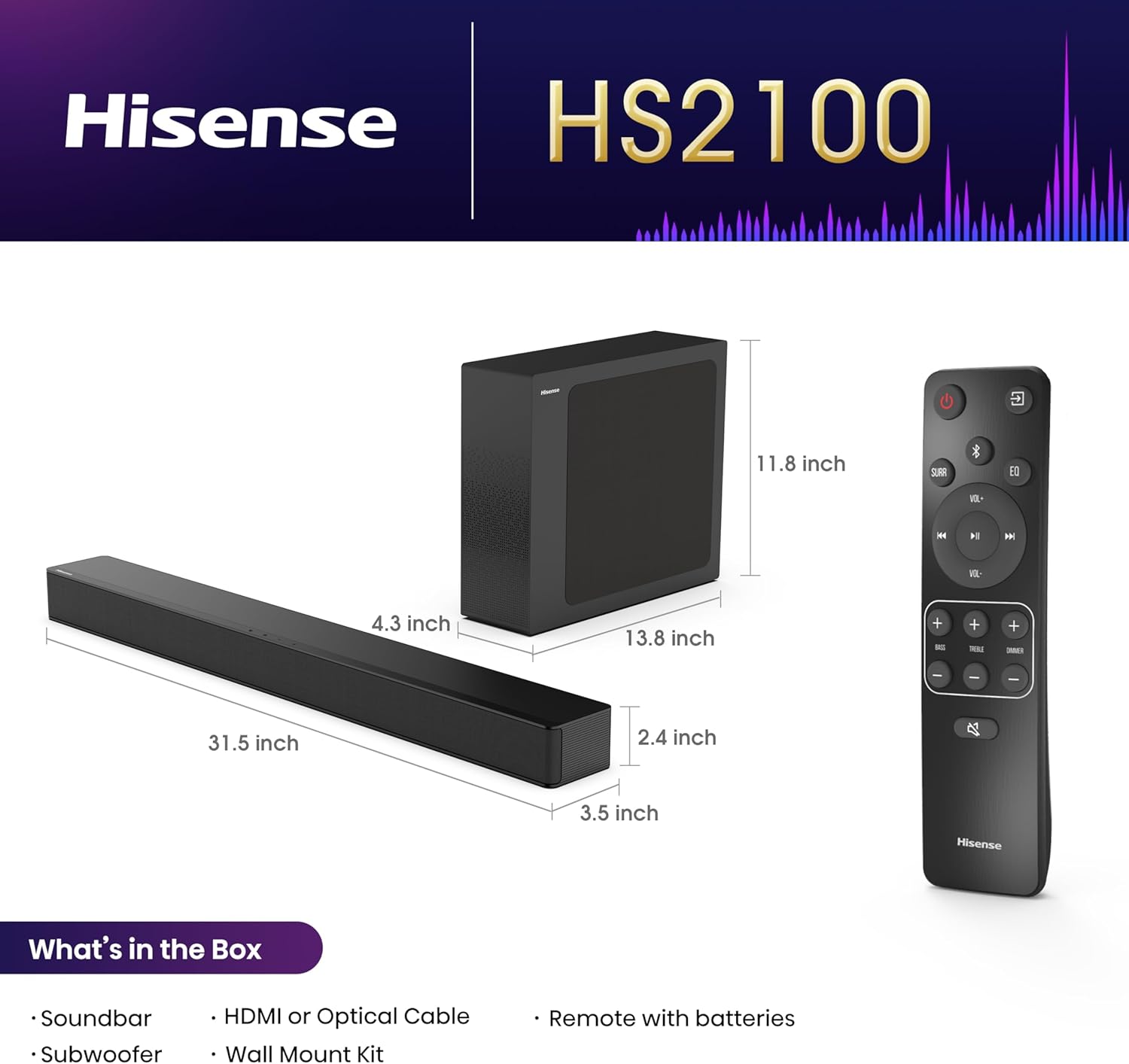Hisense HS2100 2.1 Ch 240W Sound Bar with Wireless Subwoofer - DTS Virtual X, Dolby Audio, Ezplay, 6 EQ Modes, HDMI ARC, Bluetooth 5.3