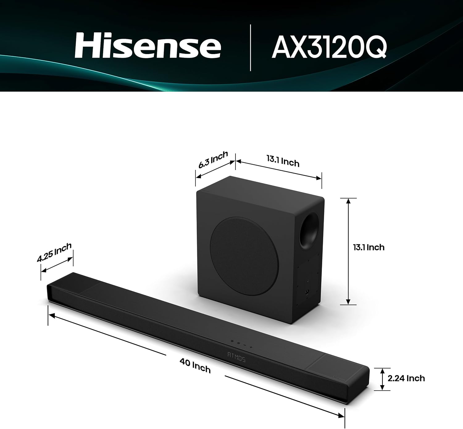 Hisense AX3100Q 3.1Ch Sound Bar with Wireless Subwoofer, Dolby Atmos, DTS:X, Bluetooth 5.3, Roku TV Ready, HDMI/AUX/ARC/Optical/USB, EzPlay, 7 EQ Modes