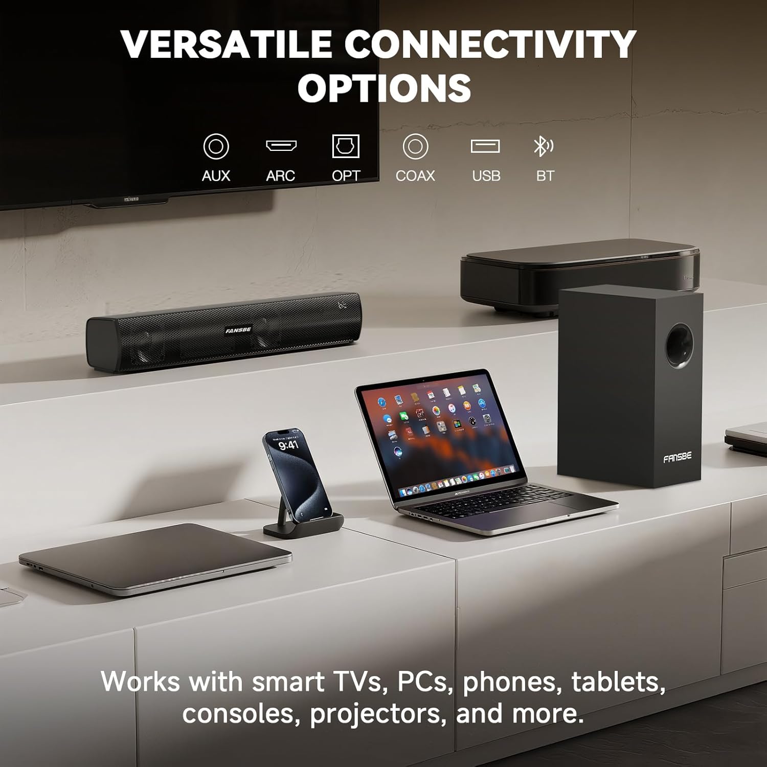 Home Theater Sound Bar Subwoofer, Sound Bar Bluetooth Surround Speakers, TV Speakers Sound Bars Bluetooth Hdmi(ARC) Optical Coaxial AUX USB 2.1ch Home Audio Sound System TV PC Wall Mount, Black