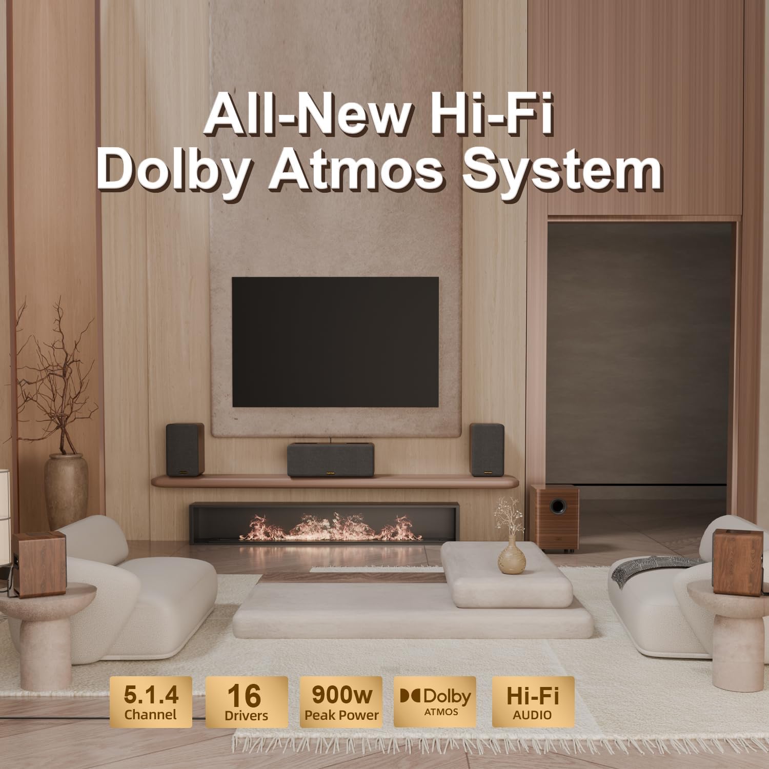 Flagship True 5.1.4 Hi-Fi System Sound Bar with Dolby Atmos, 900 W Home Theater Surround Sound System for TV, Center Speaker with 4 Surrounds, 25 Hz Subwoofer, HiFi-Grade Crossover, Soundbar, eARC