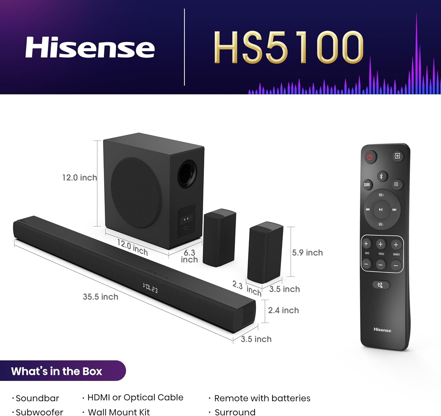 Hisense HS5100 5.1Ch Sound Bar with Wireless Subwoofer, 540W, Dolby Digital Plus, Bluetooth 5.3, EzPlay, Roku TV Ready, DTS: X, HDMI/AUX/ARC/Optical/USB (HS5100, 2024 Model)