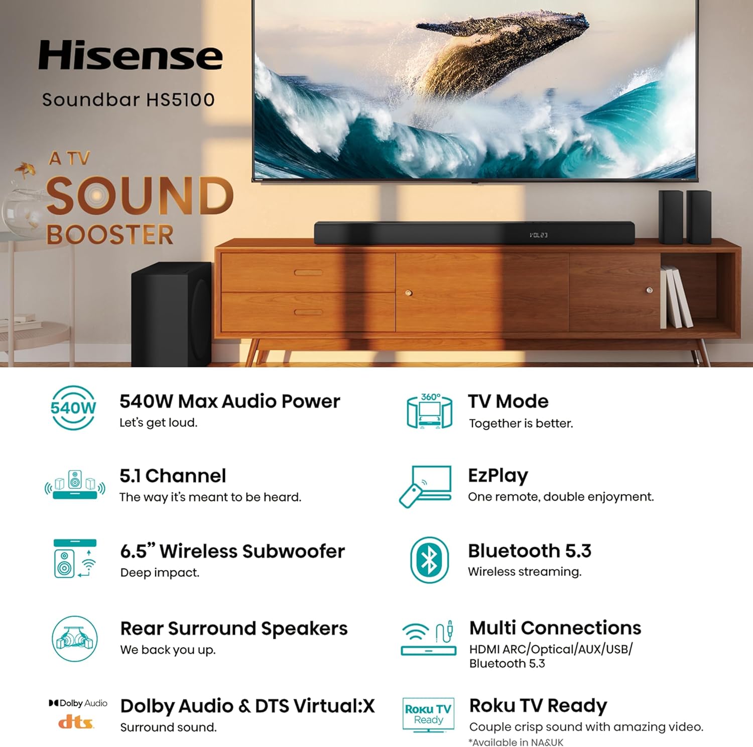 Alternative view of Hisense HS5100 5.1Ch Sound Bar with Wireless Subwoofer, 540W, Dolby Digital Plus, Bluetooth 5.3, EzPlay, Roku TV Ready, DTS: X, HDMI/AUX/ARC/Optical/USB (HS5100, 2024 Model)