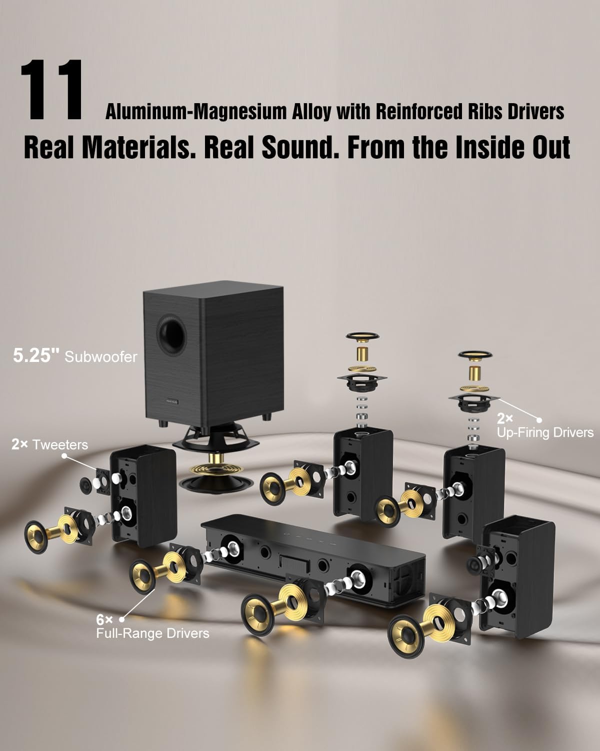 Alternative view of Wooden 5.1.2 Virtual Surround Sound System, 4 Surround Speakers Wired, 400W Peak Power, Sound Bars for Smart TV w/Subwoofer, 5.25'' Deep Bass, Home Theater TV System, ARC/OPT/BT/AUX, HiPulse N512