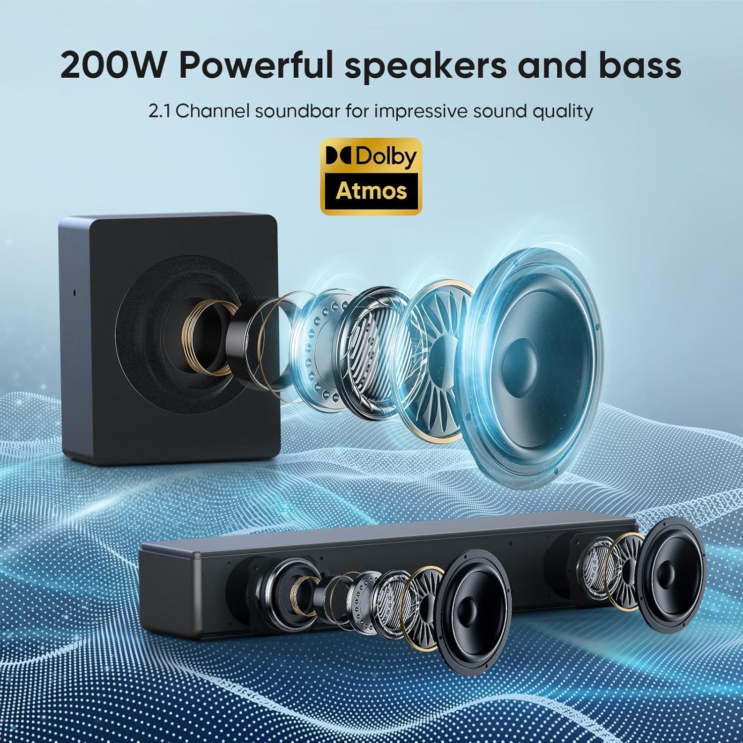 Alternative view of GEOYEAO Sound bar with subwoofer, 200W 2.1 ch soundbar w/Dolby Atmos Surround Sound System, 3D Bass Adjustable Home Theater Bluetooth TV Speaker for Smart TV/Projector/PC