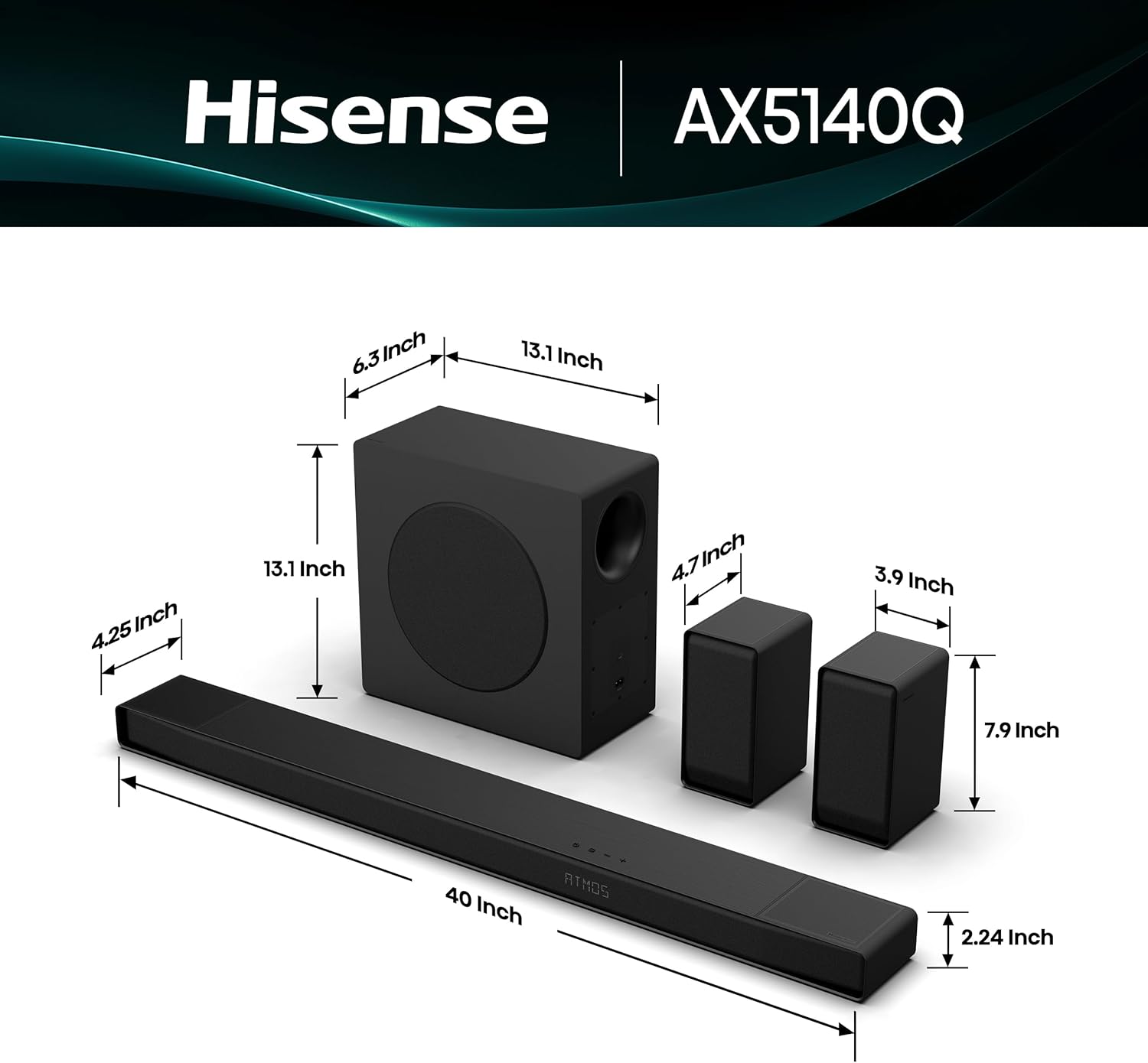 Hisense AX5140Q 5.1.4Ch Sound Bar with Wireless Subwoofer, Dolby Atmos, DTS:X, Bluetooth 5.3, Roku TV Ready, HDMI/AUX/ARC/Optical/USB, EzPlay, 7 EQ Modes, Hi Concerto, Room Calibration