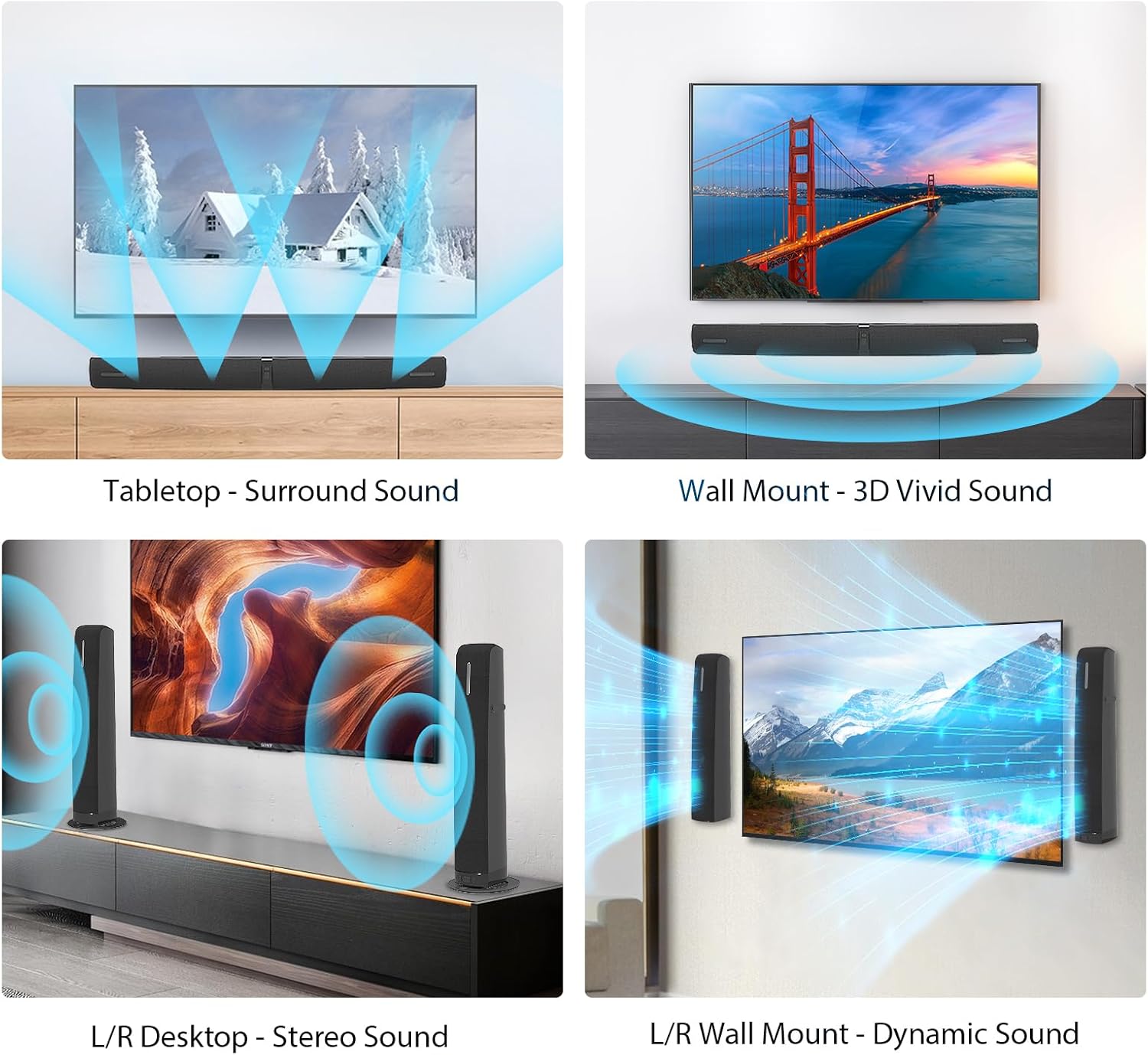 Assistrust Sound Bar for Smart TV,90W Soundbar with Bluetooth/ARC/Optical/AUX Connect, Auto Volume Boost, 3 Customizable Equalizer Modes, 2 in 1 Detachable Soundbar for TV/PC/Gaming/Projectors