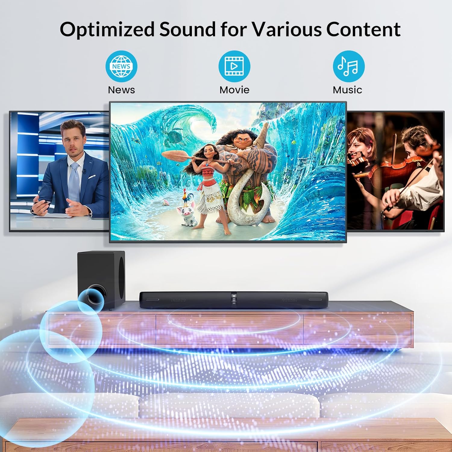 Assistrust Sound Bar with Subwoofer, 110W Sound Bar for Smart TV with Adjustable Deep Bass & Volume Boost & 3 EQ Modes, Bluetooth/ARC/Opt/AUX, Detachable Soundbar for TV/PC/Gaming/Projector