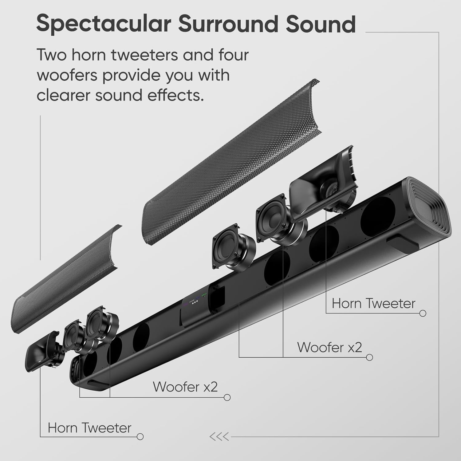 WebsLand Sound Bar for Smart TV, 80W Soundbar with Four Woofers, Dual Horn Tweeters, 2.0 Channel TV Speaker, 2 in 1 Detachable Design, BT/ARC/AUX/Optical Connection, Surround Sound System for TV