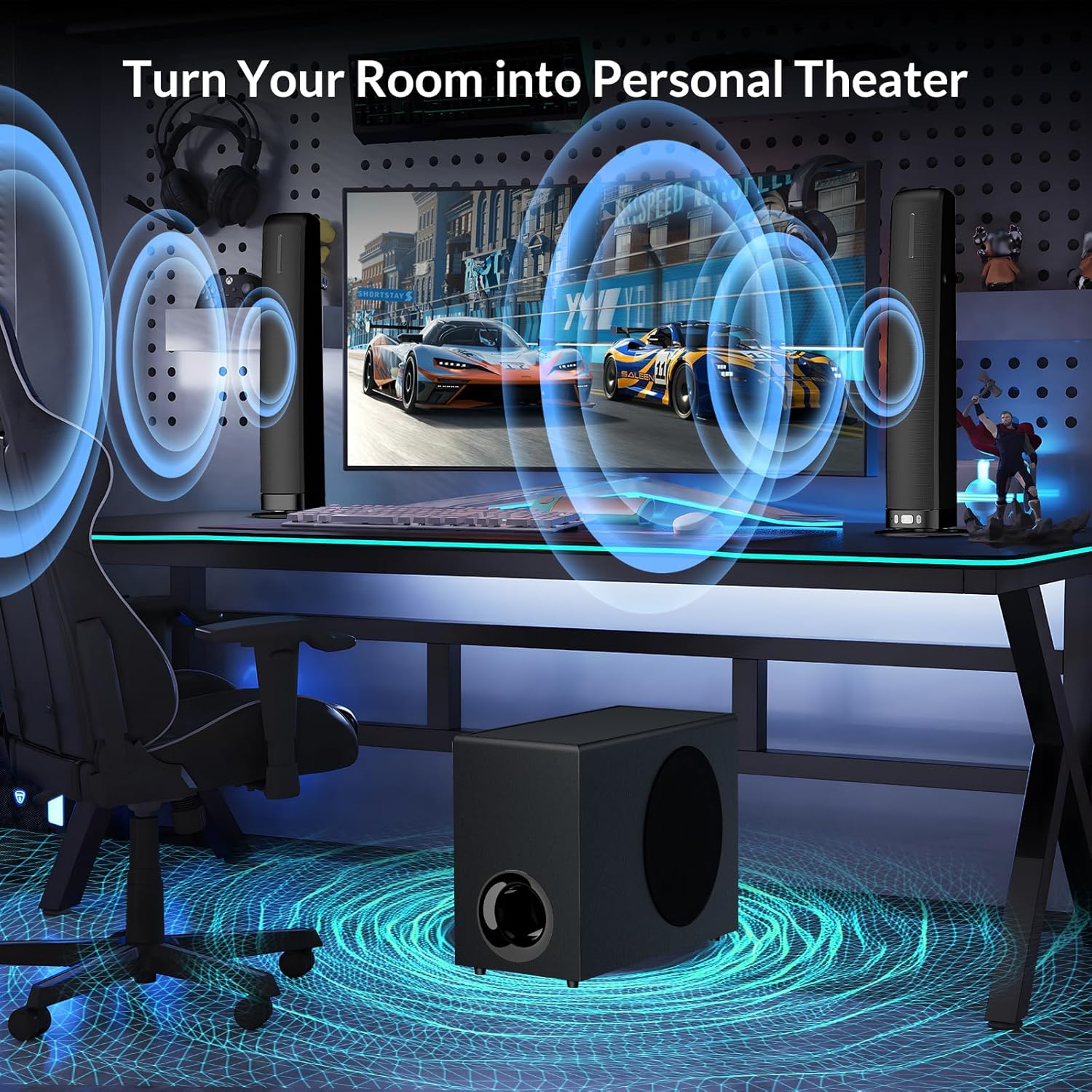 Assistrust 2.1 Sound Bar with Subwoofer, 110W Sound Bar for Smart TV with Adjustable Deep Bass & Volume Boost & 3 EQ Modes, Bluetooth/ARC/Opt/AUX, Soundbar for TV/PC/Gaming/Projector (Black)