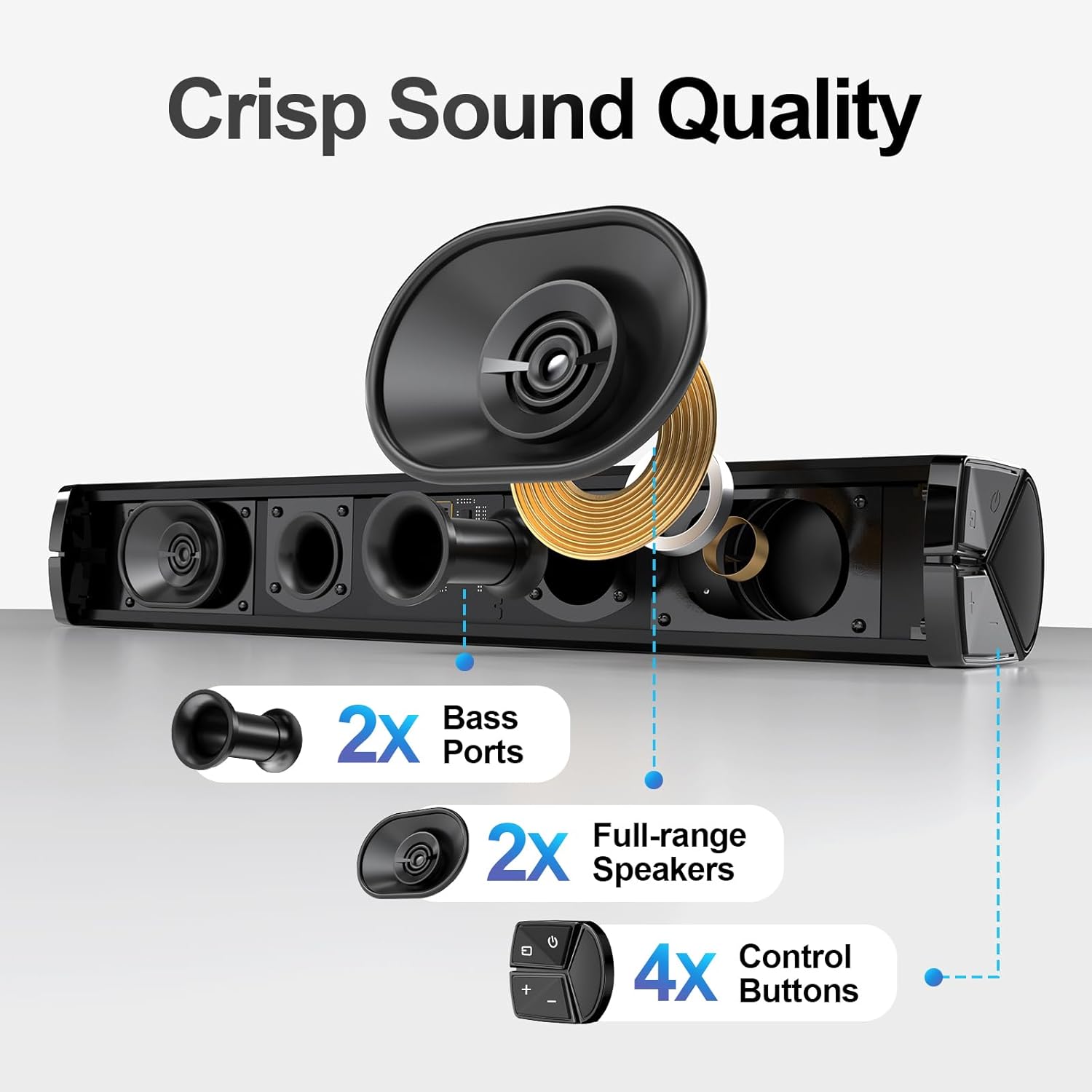 Nylavee Sound Bar - Hi-Fi Stereo Soundbar with Subwoofer, 80w Peak Power, Deep Bass Boost, 16-inch Small Bluetooth Sound Bar with HDMI-ARC, Coaxial, AUX Connection for TV, Computer, Projector