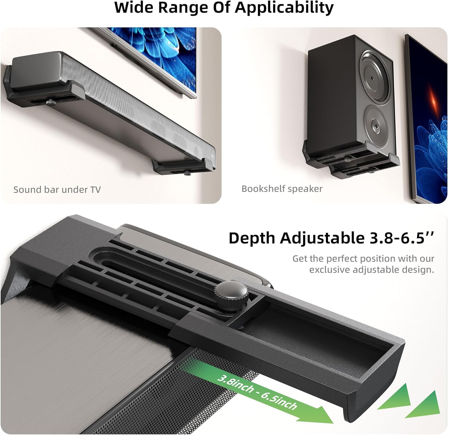 ELETIUO Soundbar Wall Mount Bracket,Depth Adjustable 3.8-6.5 inch,Universal Sound Bar Mount Under TV for Samsung, Sony, LG, Vizio, Bose, JBL, Sonos, Holds up to 50 lbs,Black