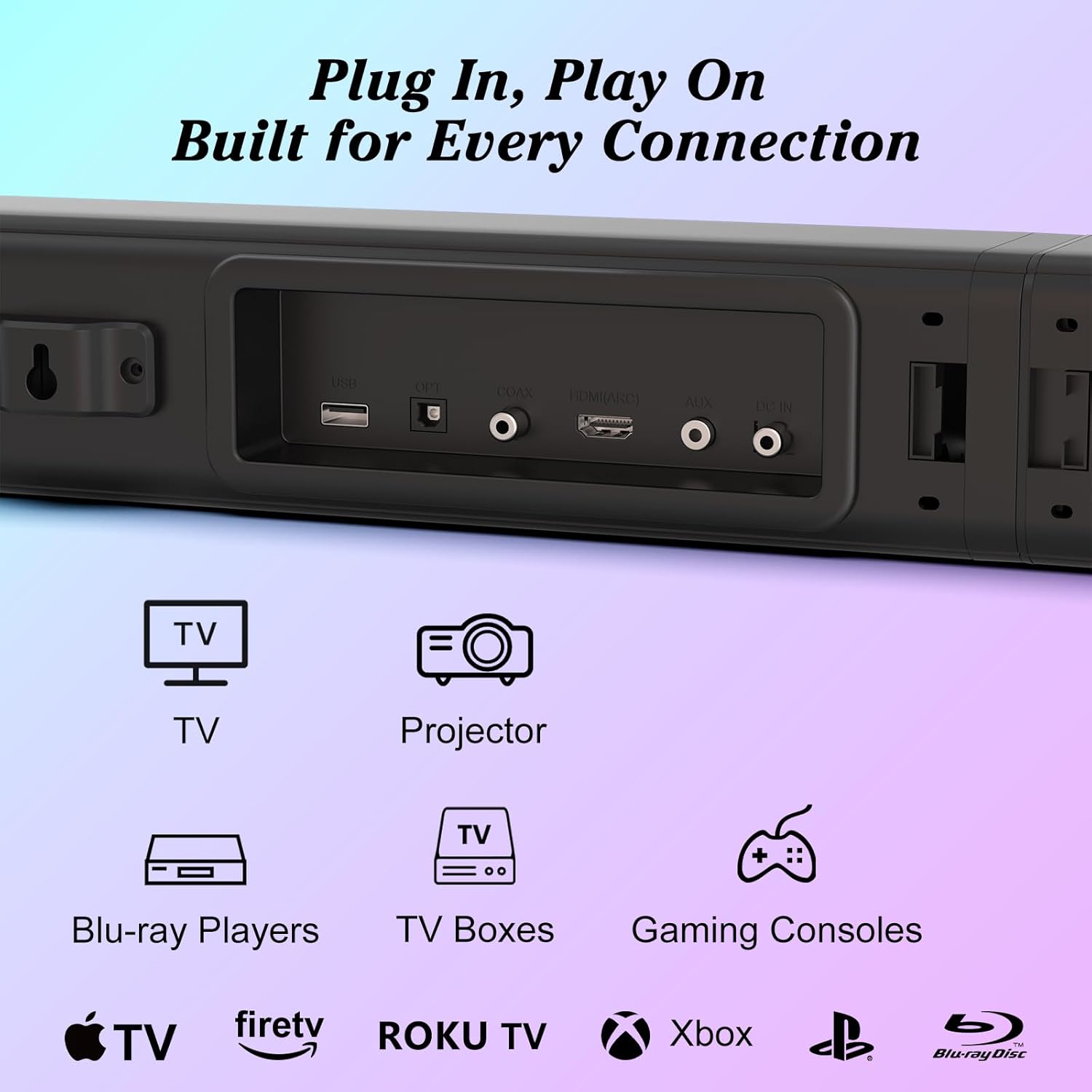 GEOYEAO 2.2 CH Detachable Sound Bar with Built-in Dual Subwoofer, 180W RGB Bluetooth Soundbar for TV, Support HDMI ARC/Optical/AUX, Surround Speaker System for Gaming/Home Theater/PC - Image 3