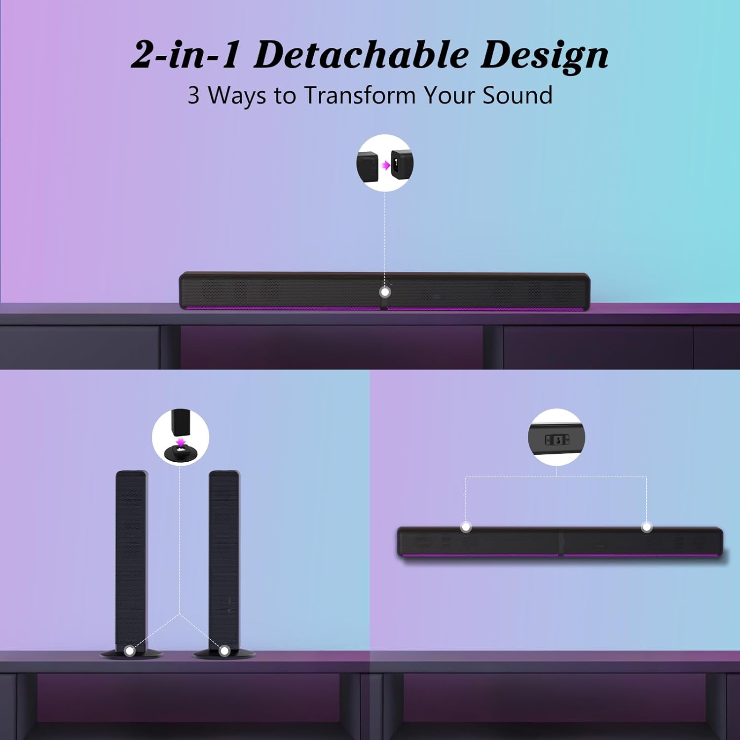 GEOYEAO 2.2 CH Detachable Sound Bar with Built-in Dual Subwoofer, 180W RGB Bluetooth Soundbar for TV, Support HDMI ARC/Optical/AUX, Surround Speaker System for Gaming/Home Theater/PC - Image 5