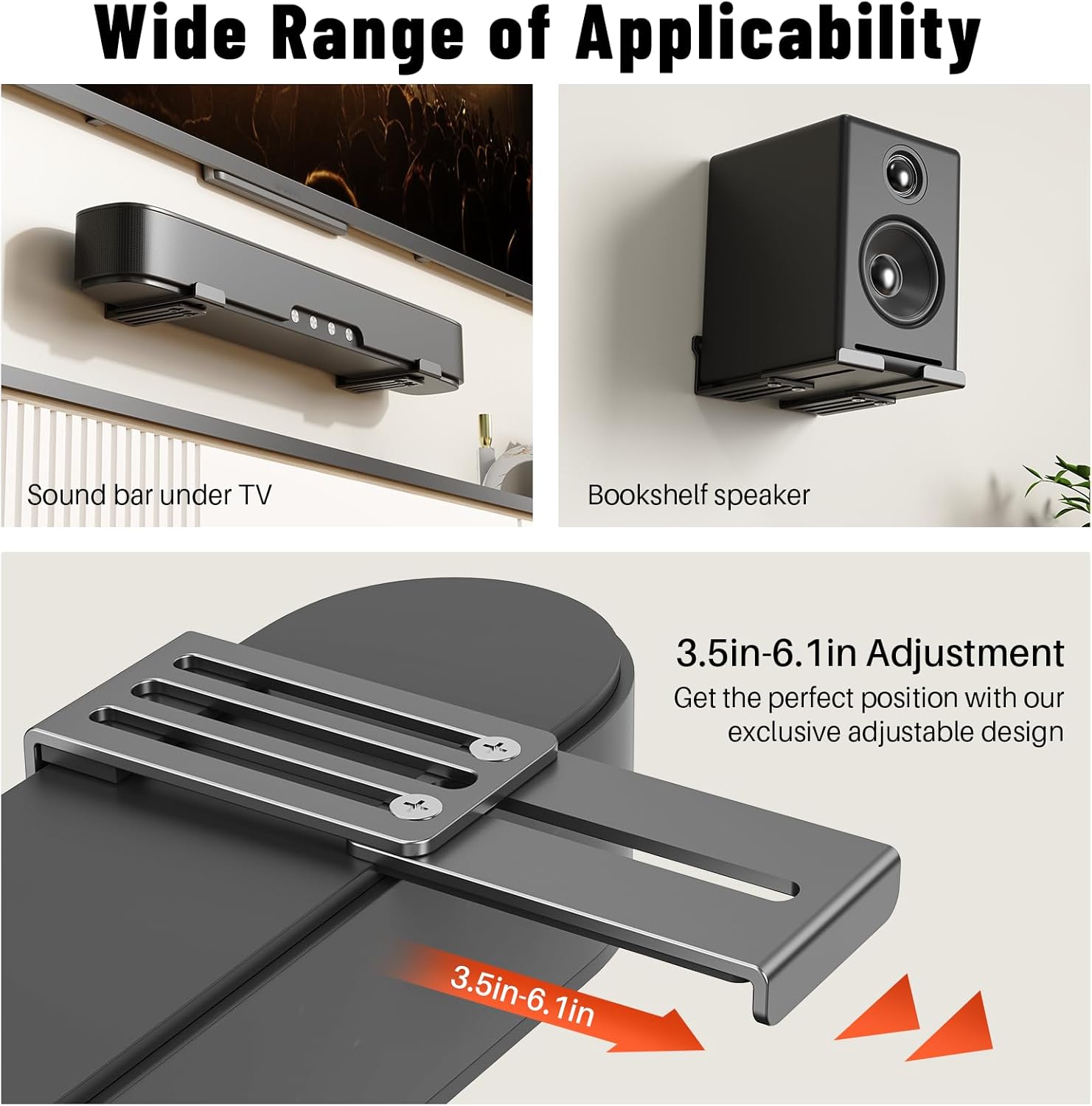 Alternative view of BYMECOST Universal Soundbar Wall Mount Bracket, Metal Soundbar Shelf Compatible with Depth from 3.3"-6.1", Soundbar Mount Under TV or Above TV, Holds up to 40 lbs, with Anti-Vibration Pads(Black)