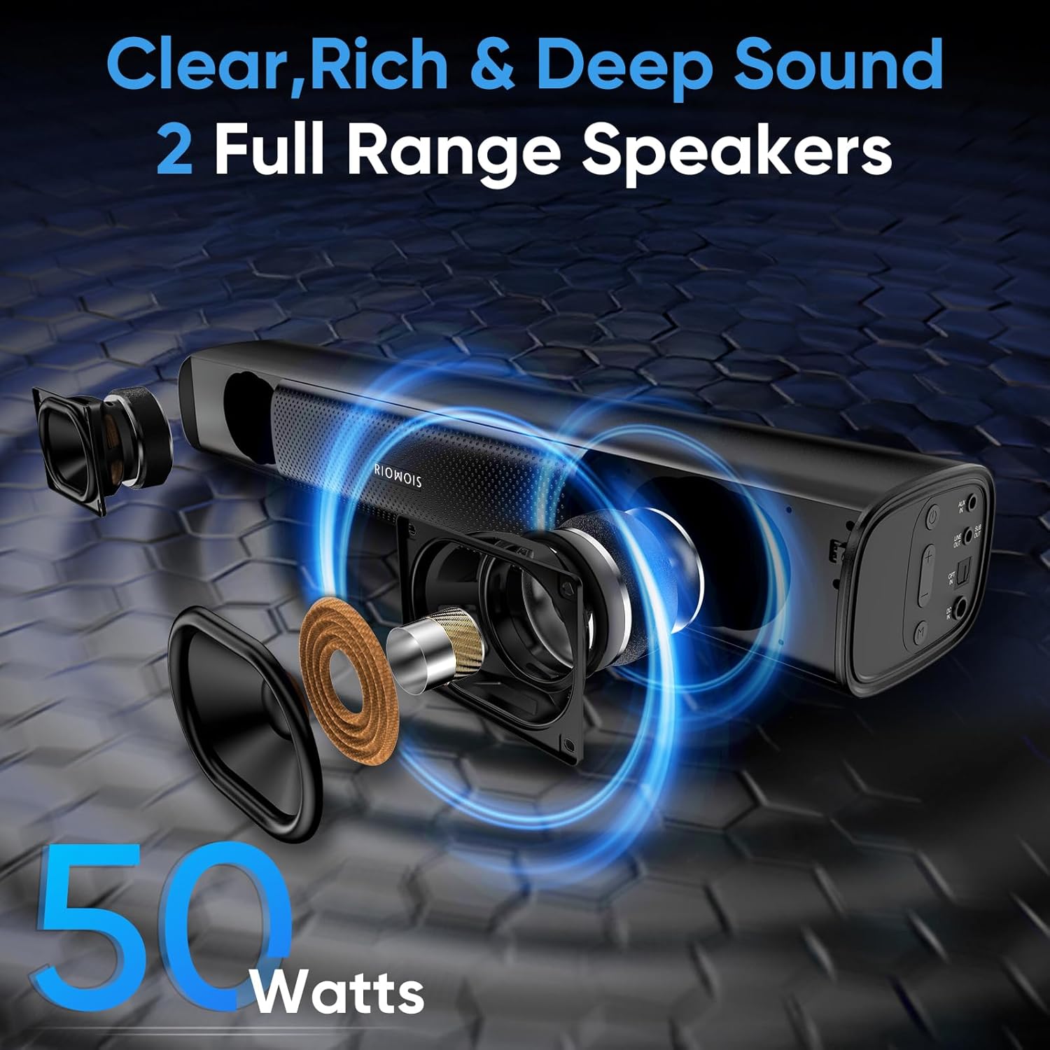 Alternative view of RIOWOIS Sound Bar for Smart TV, Bass Boost and Crisp Vocals,Bluetooth Soundbar for TV/PC/Gaming/Projectors,Optical/AUX/Wall Mount,17inch