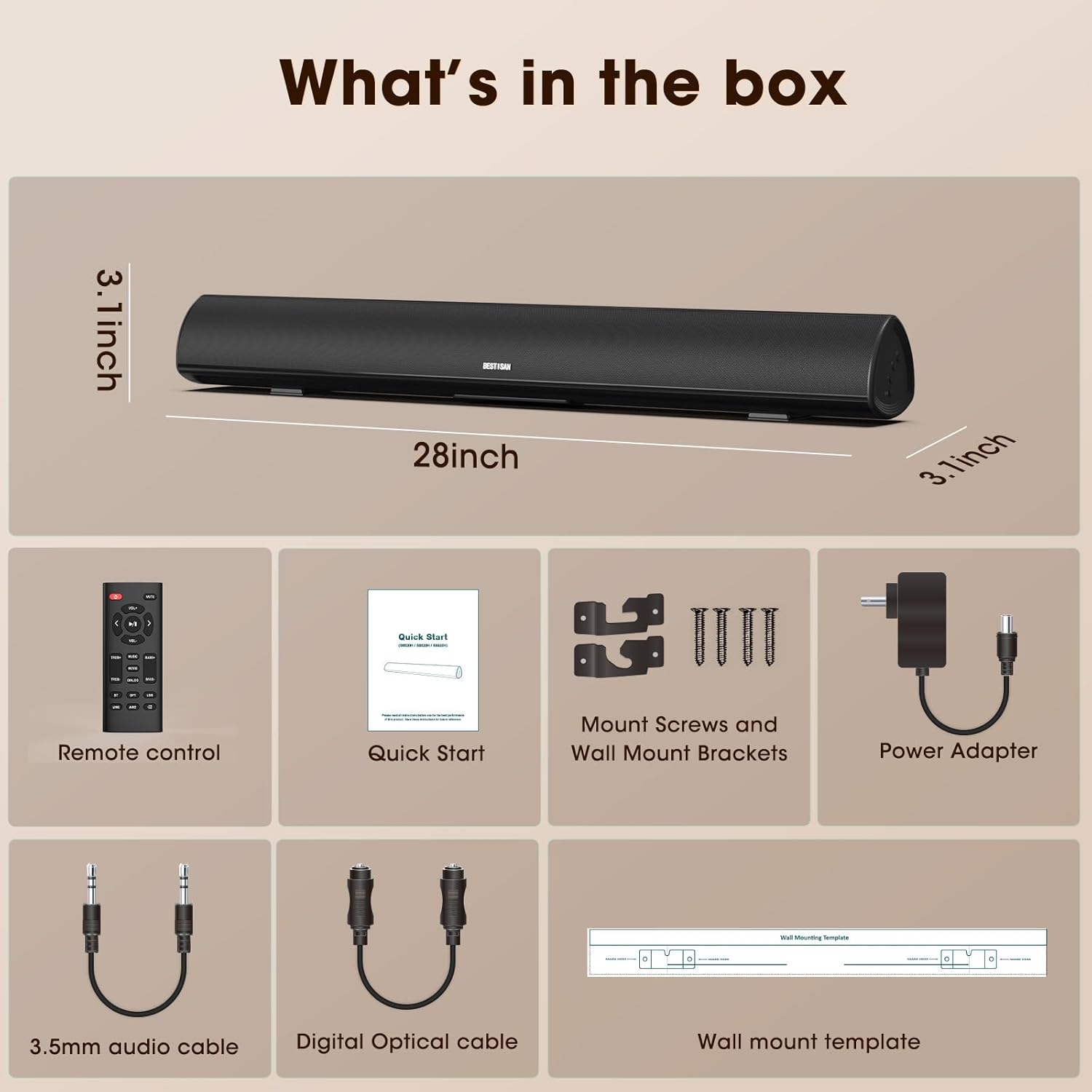 BESTISAN Soundbar, TV Sound Bar with Wired HDMI and Wireless Bluetooth 5.0 Home Theater System (28 Inch, Enhanced Bass Technology, 3-Inch Drivers, Bass Adjustable, Wall Mountable, DSP) - Image 6