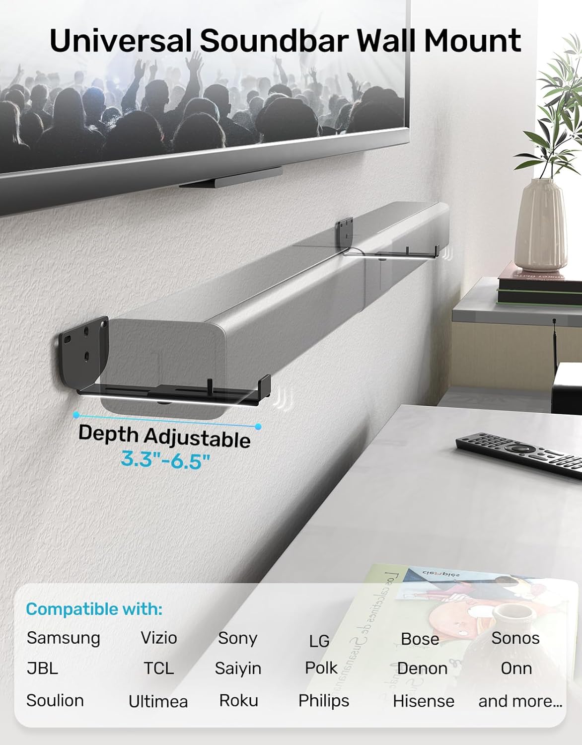 Etour Soundbar Wall Mount Bracket Depth Adjustable 3.3u201D-6.5u201D Hold Up to 38lbs Quick Install for Samsung, Sony, Bose, Vizio, LG, JBL and More Soundbar Shelf Under TV