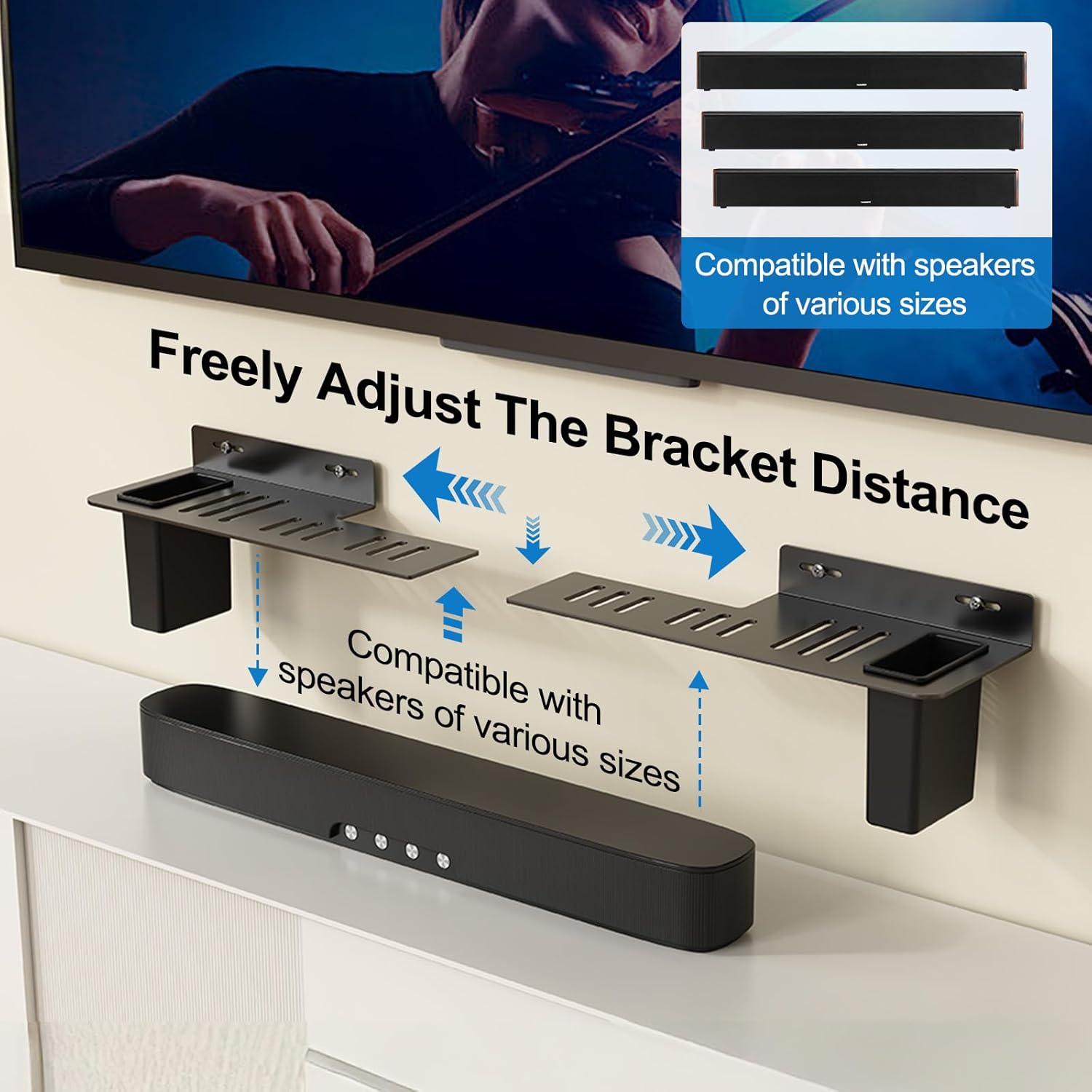 BYMECOST Heavy-Duty Steel Soundbar Mount Under TV with 2 Storage Boxes, Universal 88 Lbs Fit for Large Sound Bars, Sound Bar Wall Mount Bracket Stand Compatible with Samsung/JBL/LG, Complete Hardware