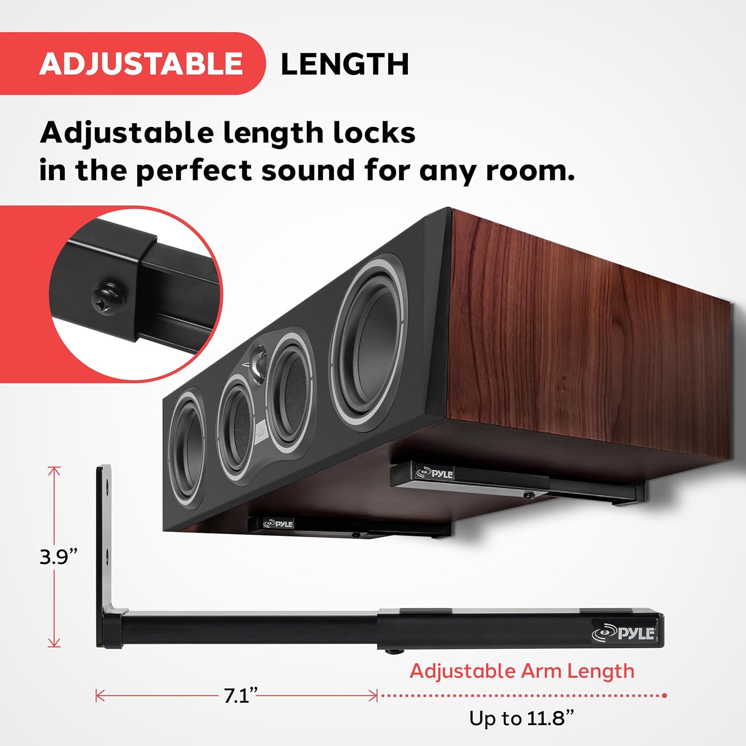 Alternative view of Pyle Adjustable Speaker Wall Mount Brackets - 2 Pack Extendable Steel Arms for Center Channel, Small or Large Speakers & Soundbars - 110 lbs Capacity, 6.7-11.8" Depth - Includes Mounting Hardware