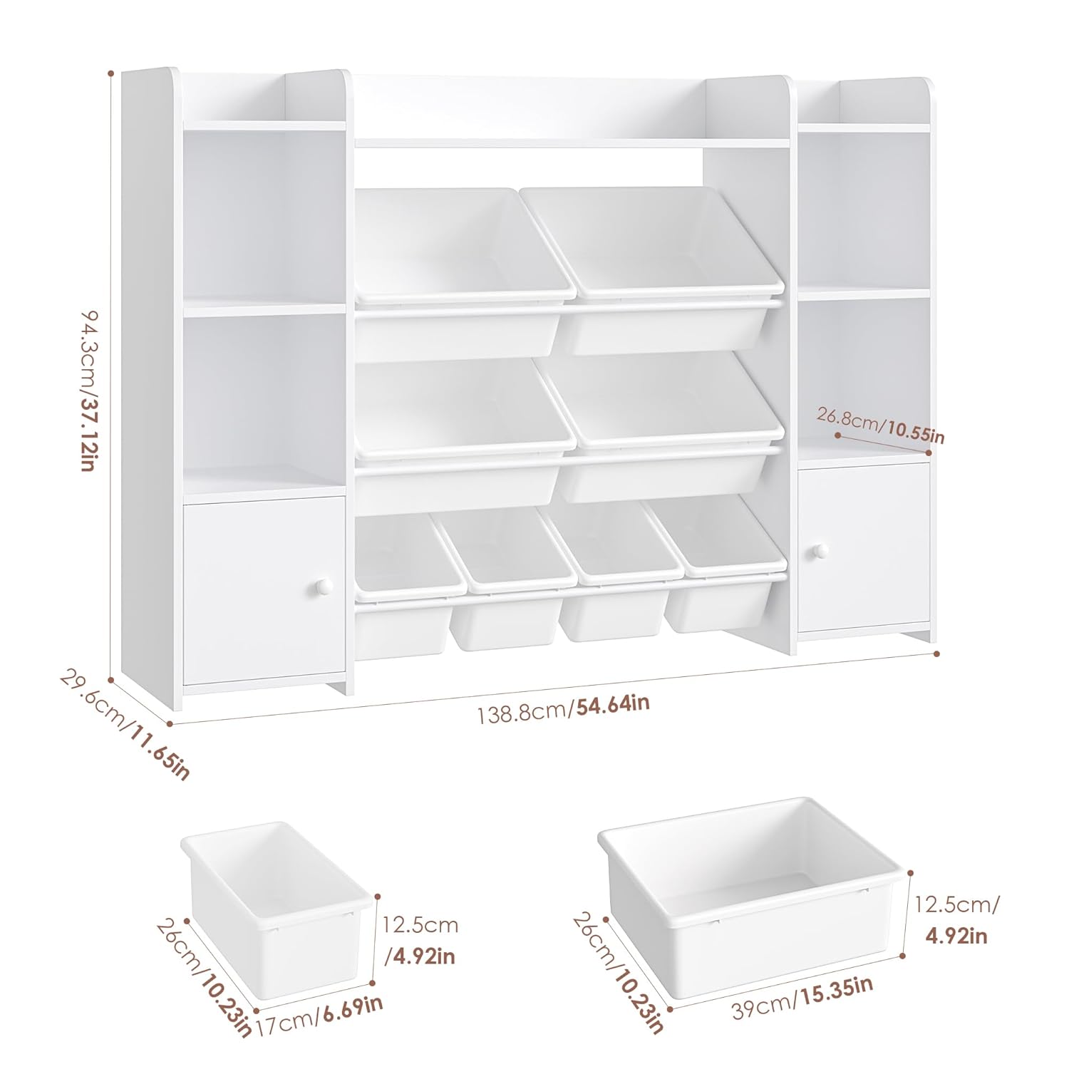 FOTOSOK 55''Large Toy Storage Organizer with 8 Toy Bins, Toy Organizers and Storage with Shelf and 6 Storage Cubbies, Bookshelf for Kids, Playroom Organization and Storage Bins, White