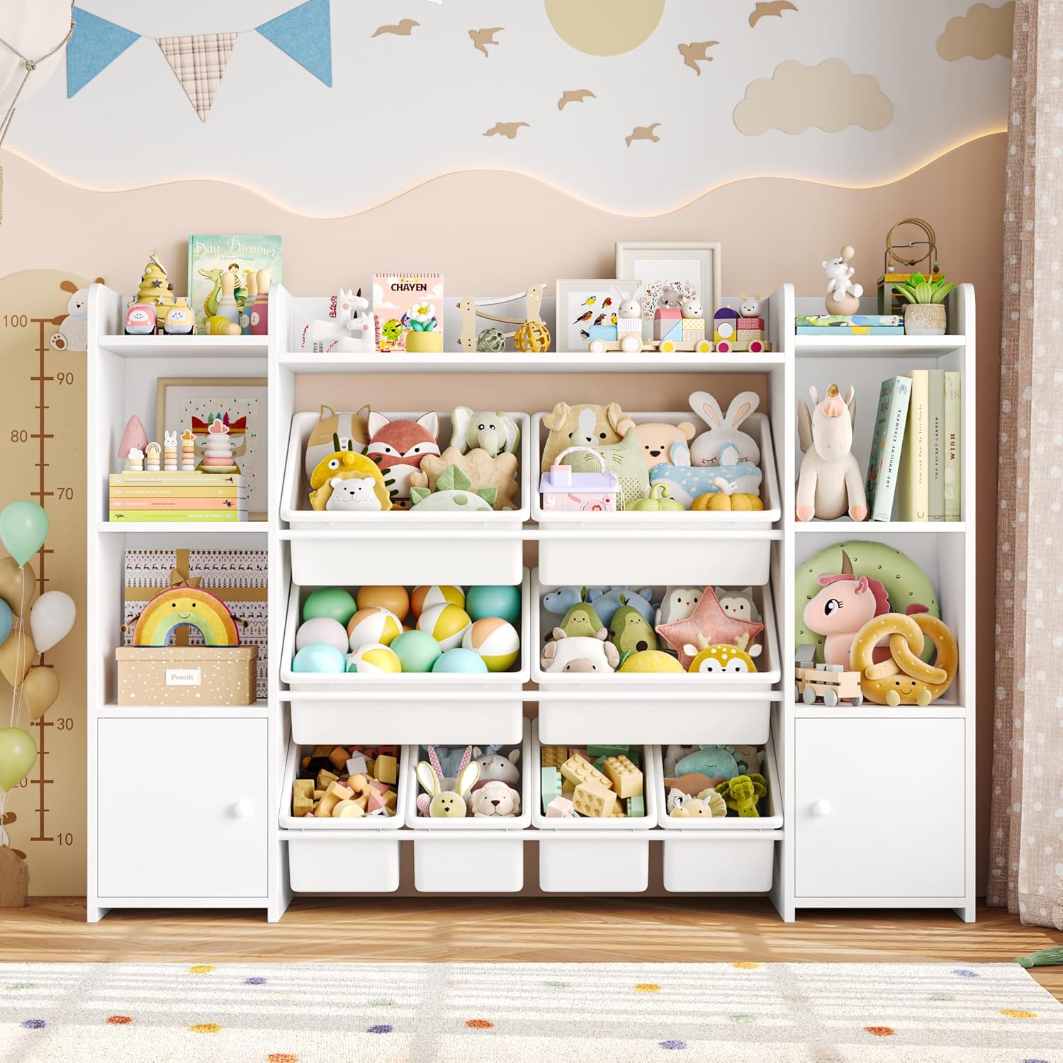 Alternative view of FOTOSOK 55''Large Toy Storage Organizer with 8 Toy Bins, Toy Organizers and Storage with Shelf and 6 Storage Cubbies, Bookshelf for Kids, Playroom Organization and Storage Bins, White