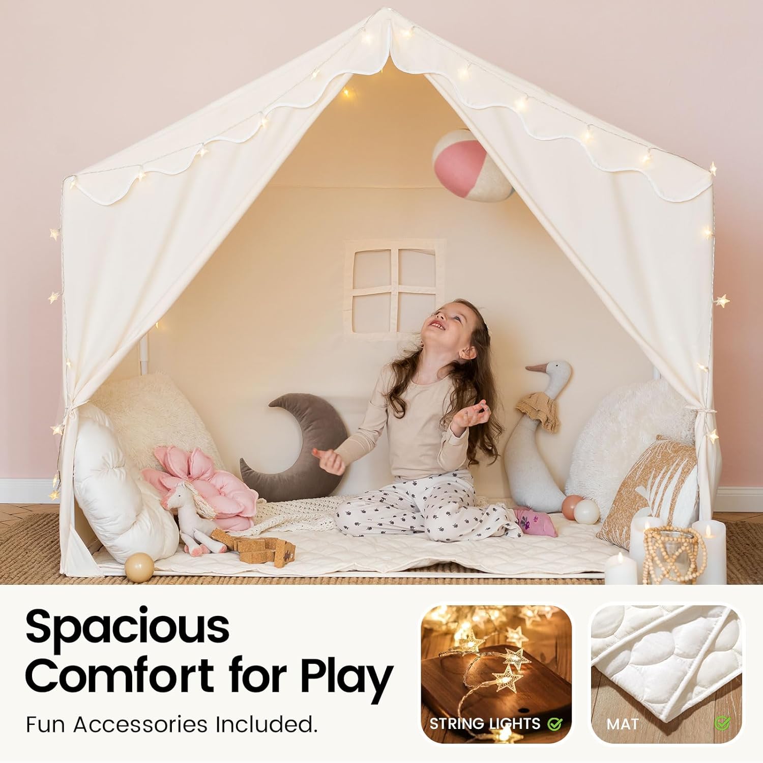 Alternative view of Tiny Land Kids Tent with Mat and Star Lights, Indoor Playhouse for Toddlers, 57"x36"x52" Large Reading Nook for Girls & Boys, Modern Bed Canopy for Kids Room