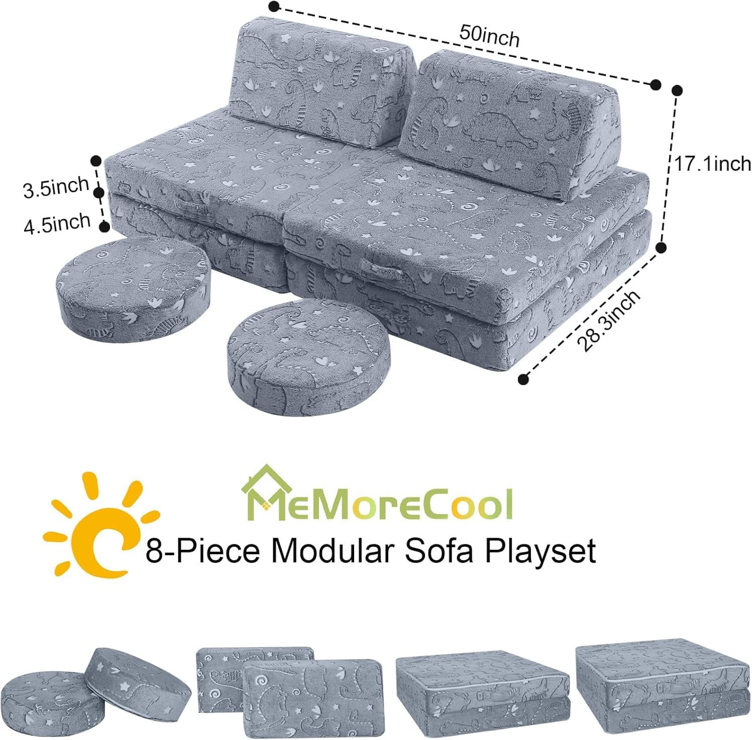 MeMoreCool Kids Modular Play Couch u2013 8-Piece Glow-in-The-Dark Dinosaur Sofa for Toddlers Convertible Fort Builder | Washable Covers | Creative Playroom Furniture for Boys & Girls