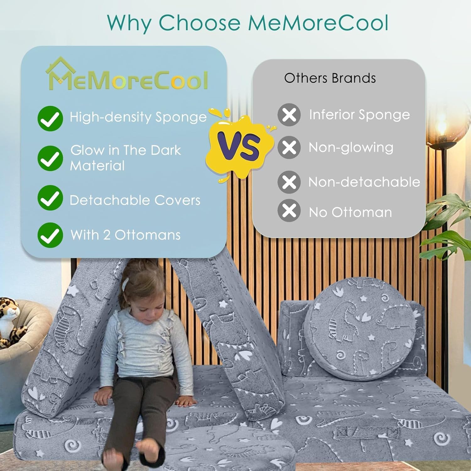 Alternative view of MeMoreCool Kids Modular Play Couch u2013 8-Piece Glow-in-The-Dark Dinosaur Sofa for Toddlers Convertible Fort Builder | Washable Covers | Creative Playroom Furniture for Boys & Girls