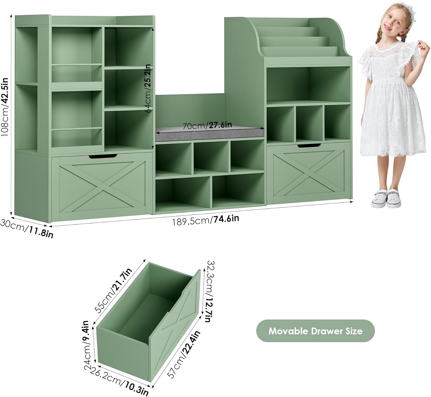 FINETONES 75u201D W Kids Bookshelf with Reading Nook, Large Toy Storage Toy Organizer with Seat Cushion and 2 Movable Drawers, Kids Reading Nook Kid Bench for Playroom Living Room, Green