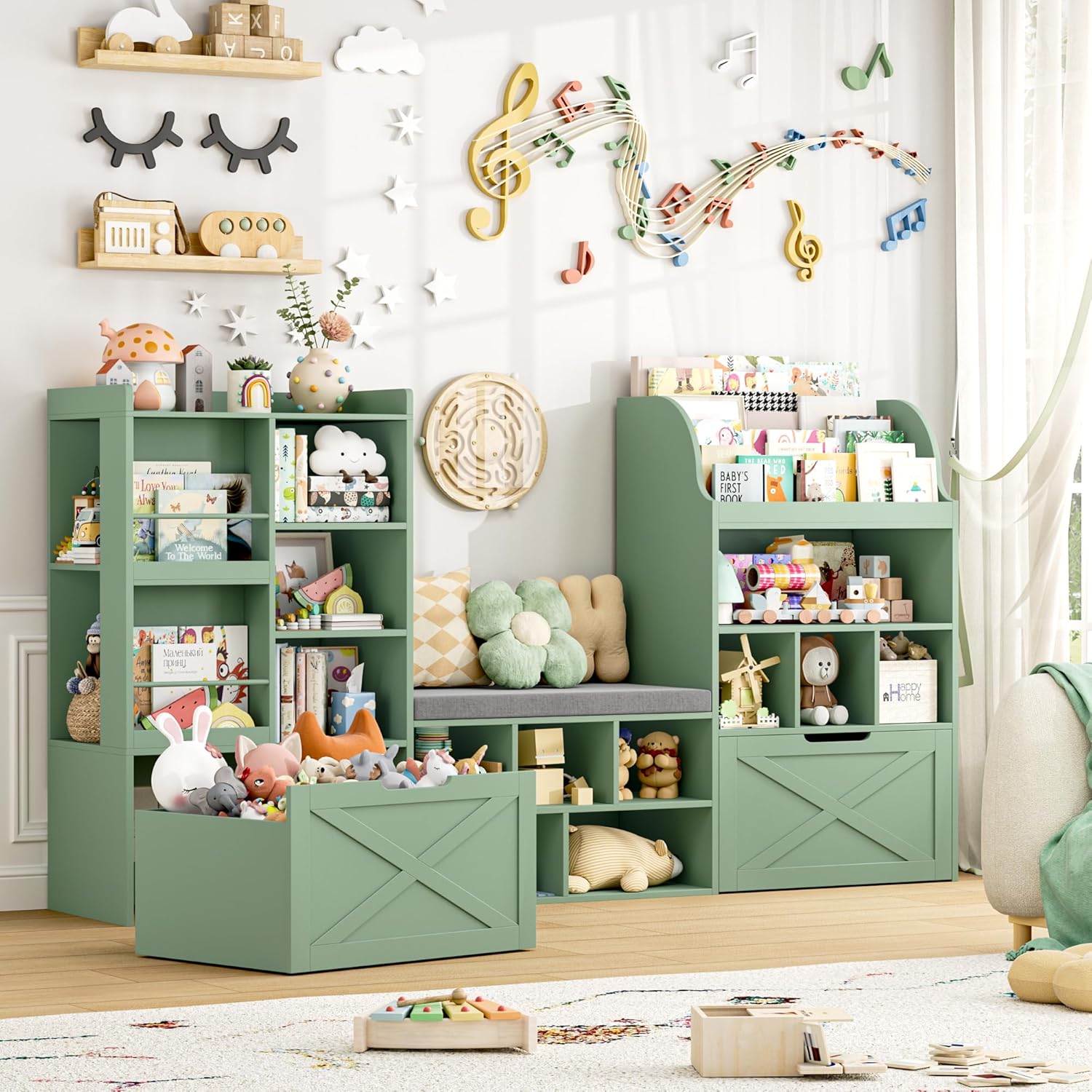 Alternative view of FINETONES 75u201D W Kids Bookshelf with Reading Nook, Large Toy Storage Toy Organizer with Seat Cushion and 2 Movable Drawers, Kids Reading Nook Kid Bench for Playroom Living Room, Green