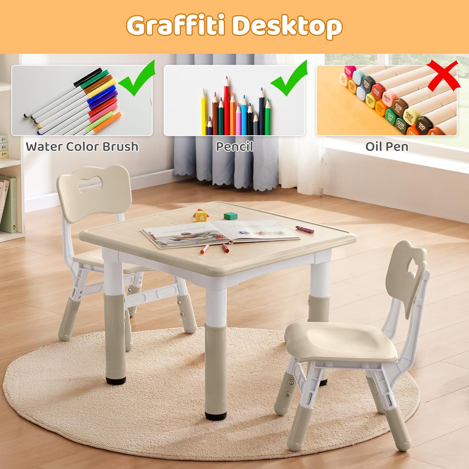 Alternative view of CuFun Kids Table & Chairs Set (2 Chairs) Height Adjustable for Ages 2-8 | Non-Slip Toddler Activity Table with Wipe-Clean Desktop, Montessori Learning & Art Drawing Tables for Home Preschool