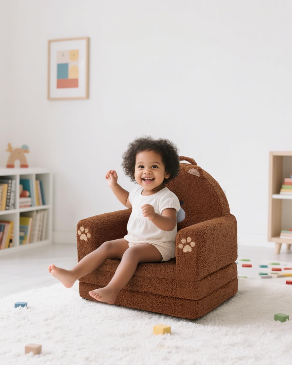 MOONBEEKI 2-in-1 Foldable Toddler Couch, Soft Sherpa Fabric with Washable Cover, Convertible Sofa to Lounger, Kids Sofa for Playroom, Bedroom, Living Room, Birthday Gift, Ages 1-3, Bear, Medium