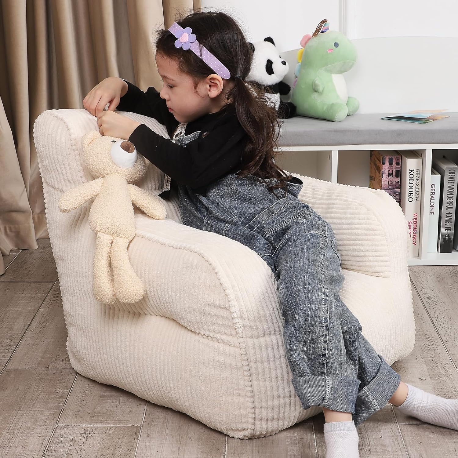 MOMCAYWEX Kids Bean Bag Chair with a Plush Bear, Comfy Toddler Chair for Boys and Girls, Beige - Image 3