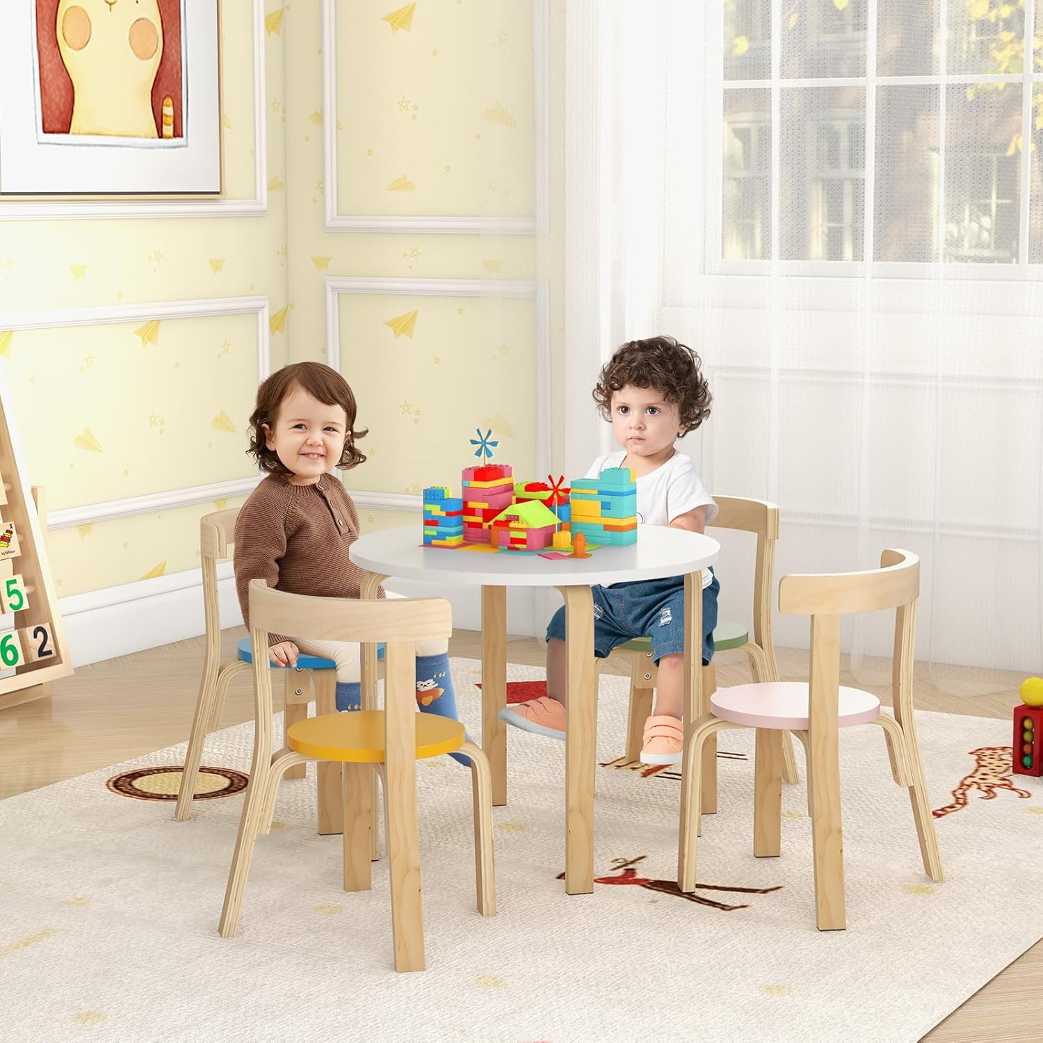 HONEY JOY Kids Table and Chair Set, Bentwood Toddler Round Table and 4 Chairs for Craft Art, Building Block, 5-Piece Children Furniture Set for Daycare, Kindergarten, Playroom (Colorful)