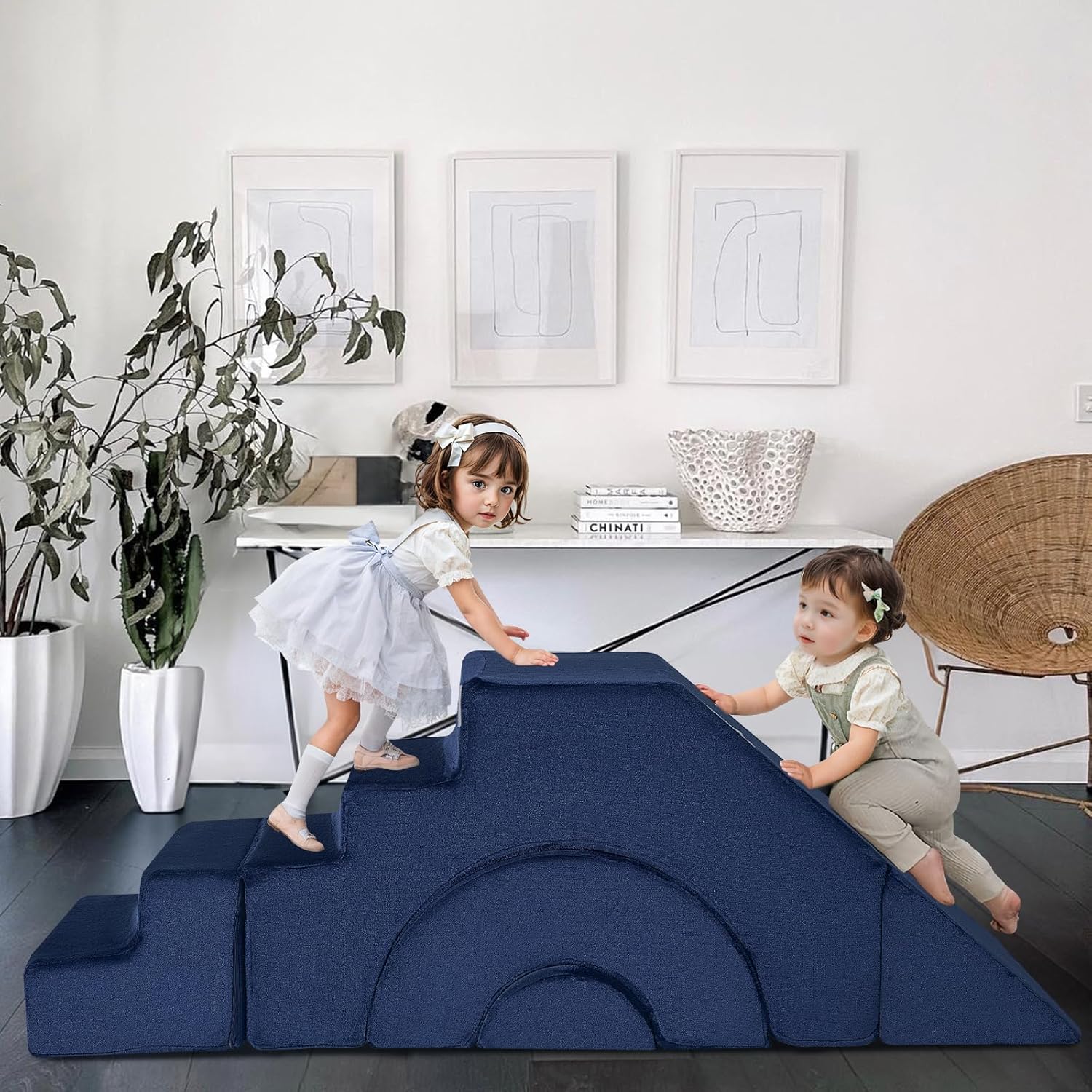 MeMoreCool Modular Kids Sofa, Foam Couch Sofa with Slide & Stair Design, Convertible Kids Couch for Playroom, Sectional Child Furniture for Bedroom Living Room, Navy