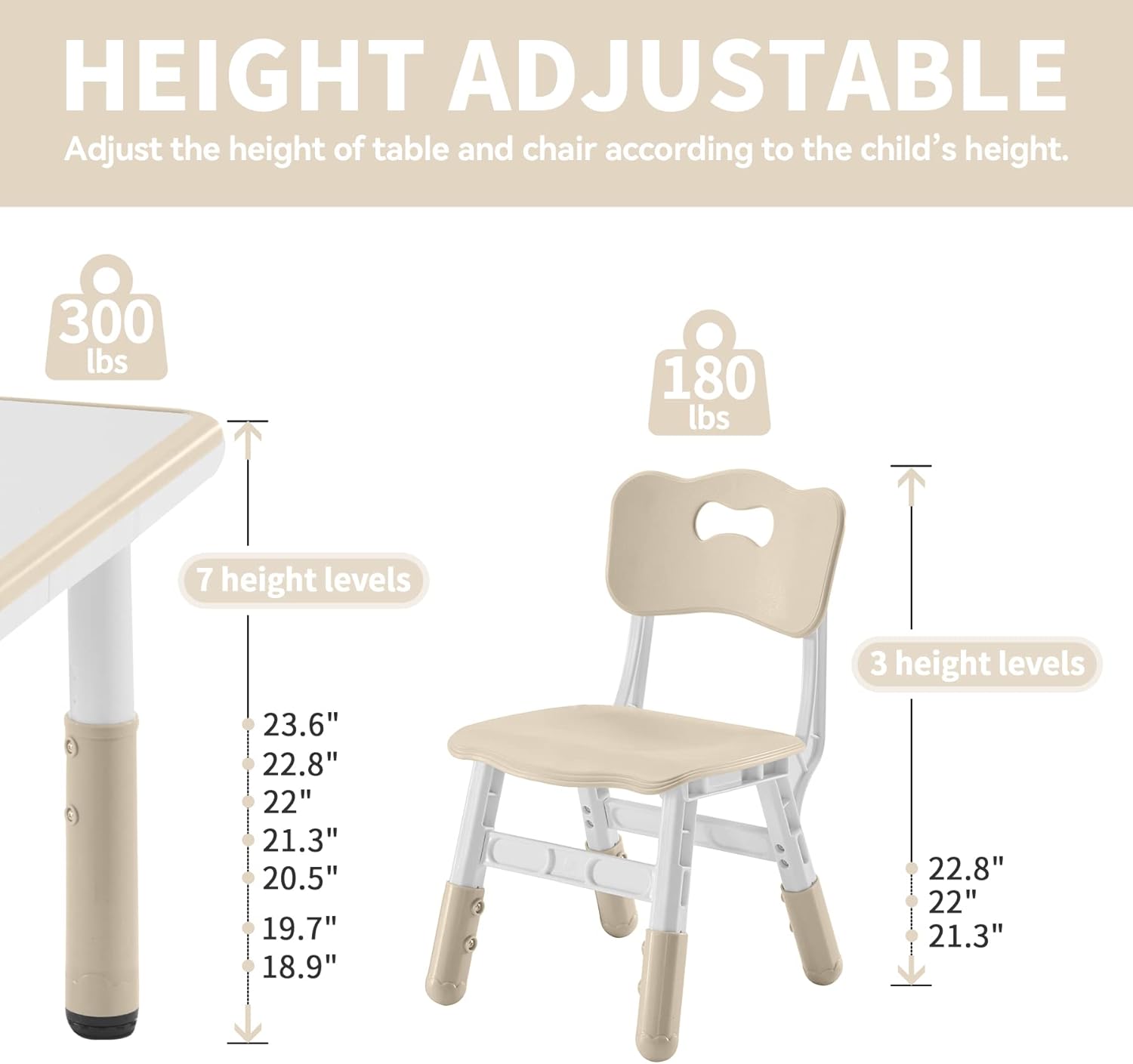 DOREROOM Toddler Table and Chairs Set for 4, 47.2''L x 23.6''W Kids Study Table and Chair Set, Height-Adjustable, Graffiti Desktop, Children Activity Table for Daycare, Classroom, Home