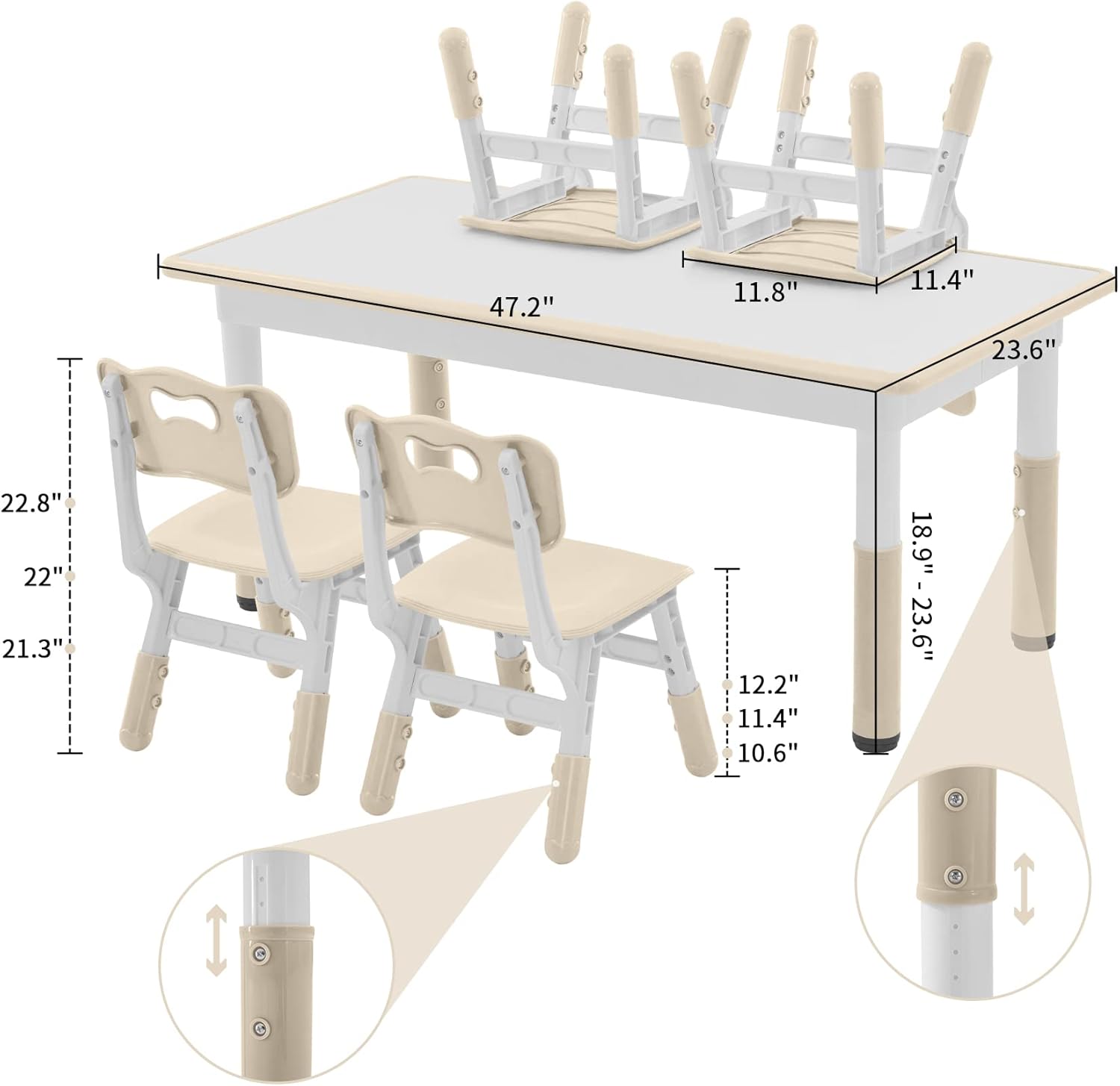 Alternative view of DOREROOM Toddler Table and Chairs Set for 4, 47.2''L x 23.6''W Kids Study Table and Chair Set, Height-Adjustable, Graffiti Desktop, Children Activity Table for Daycare, Classroom, Home