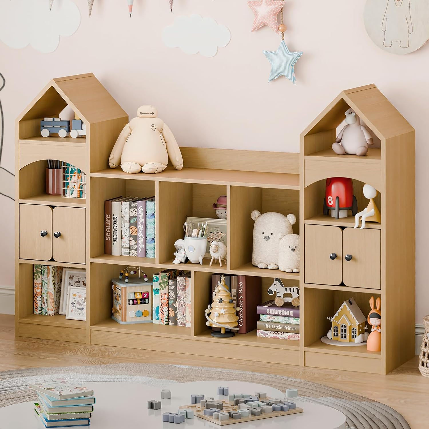 Alternative view of Vabches Castle Shape Children's Bookshelf, Kids Bookcase Display Case Kids Toy Storage Organizer Multifunctional Storage Cabinet Bookshelf Suitable for Playroom, Children's Room, Living Room, Oak