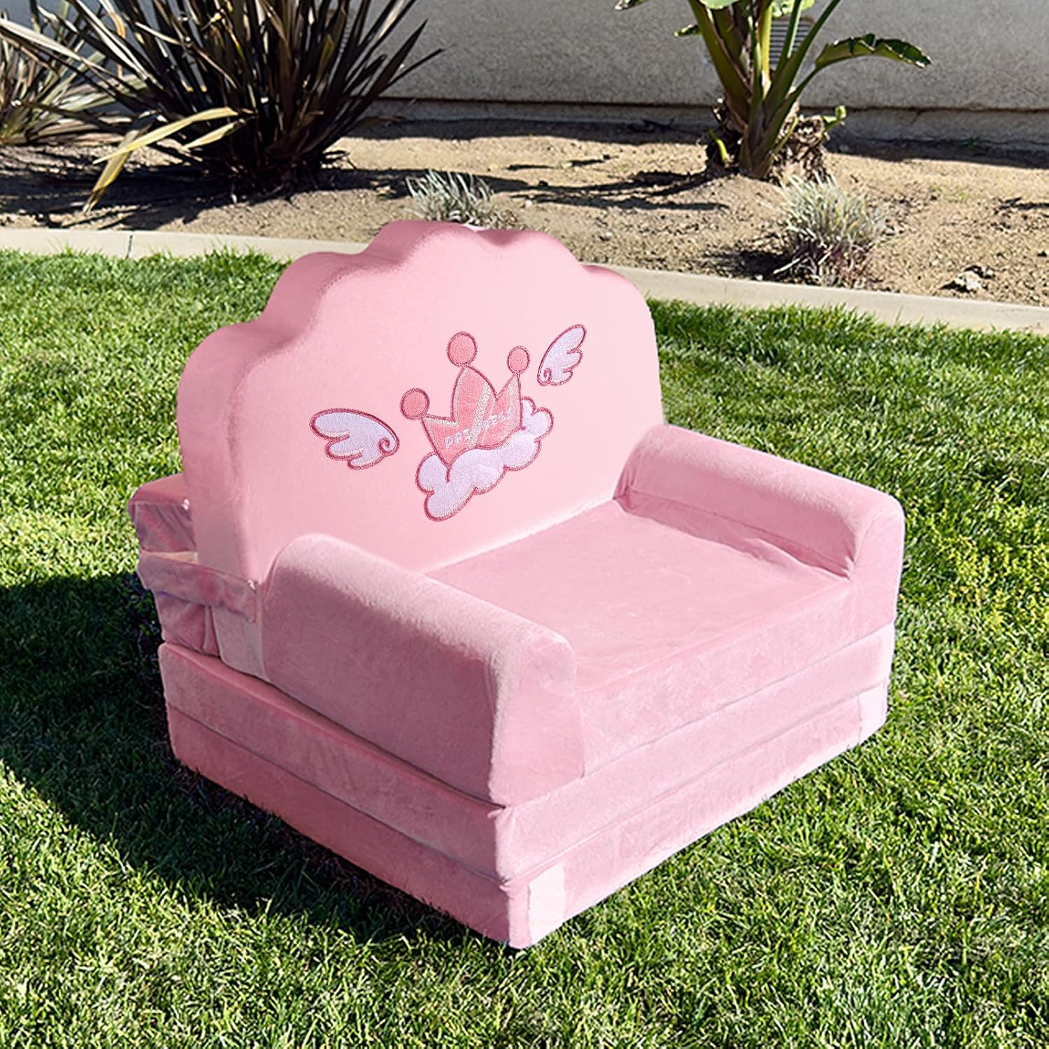 Crown Kids Sofa Bed with Removable Washable Cover & Magic-Tape Backrest u2013 Foldable Toddler Chair, Cozy Crystal Velvet Furniture for Playtime, Naps & Travel(Light Pink, Crown)