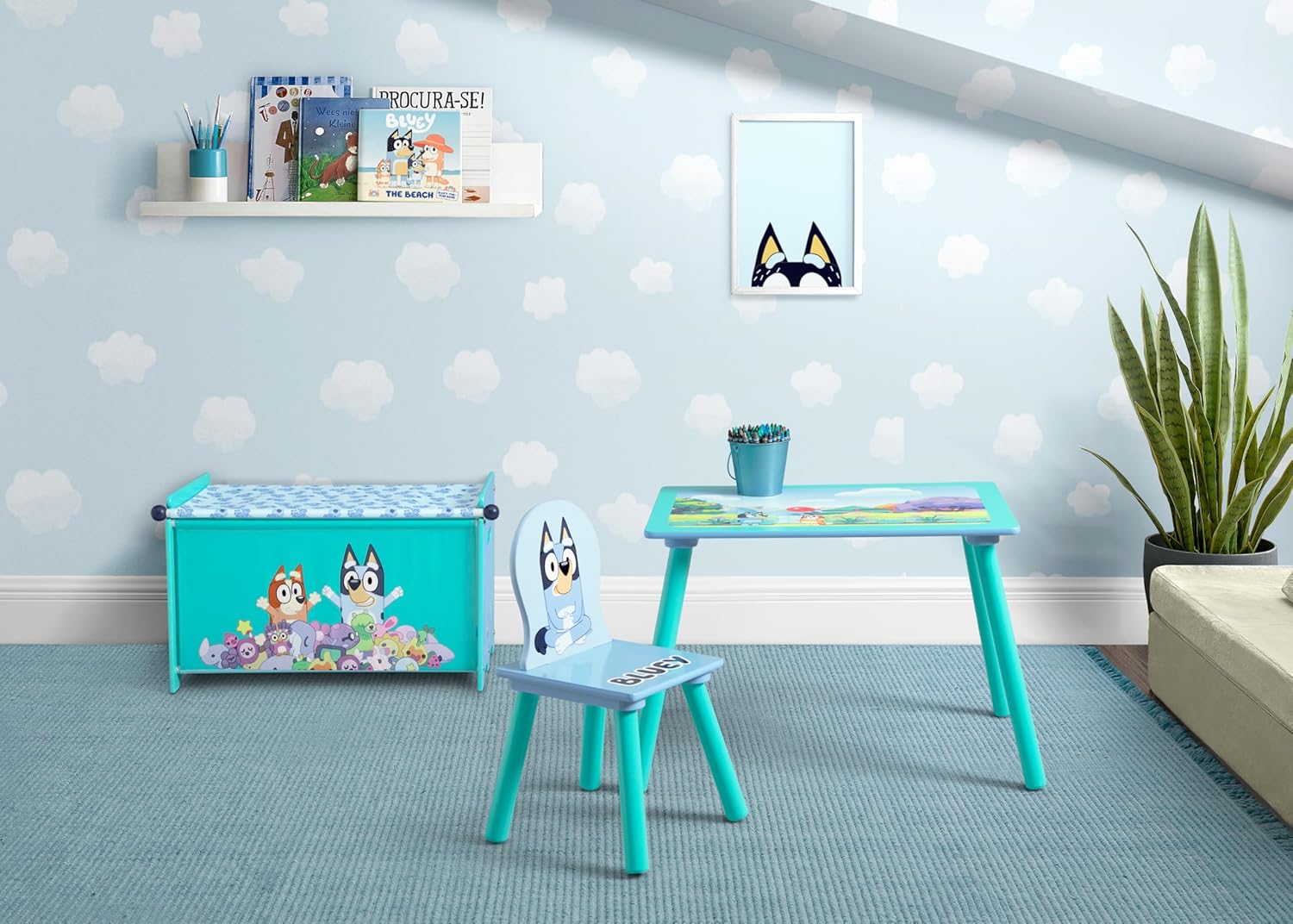 Delta Children Bluey 3-Piece Toddler Playroom Set u2013 Includes Table, Chair and Toy Box, Blue