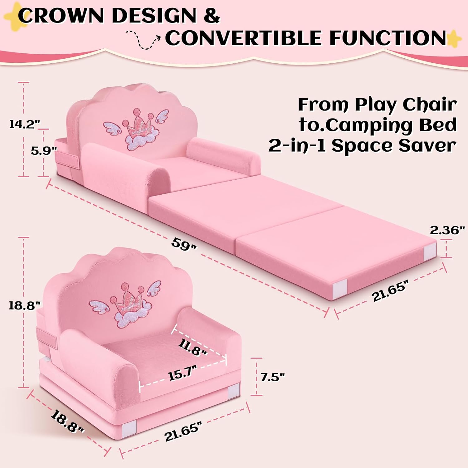 Alternative view of Crown Kids Sofa Bed with Removable Washable Cover & Magic-Tape Backrest u2013 Foldable Toddler Chair, Cozy Crystal Velvet Furniture for Playtime, Naps & Travel(Light Pink, Crown)