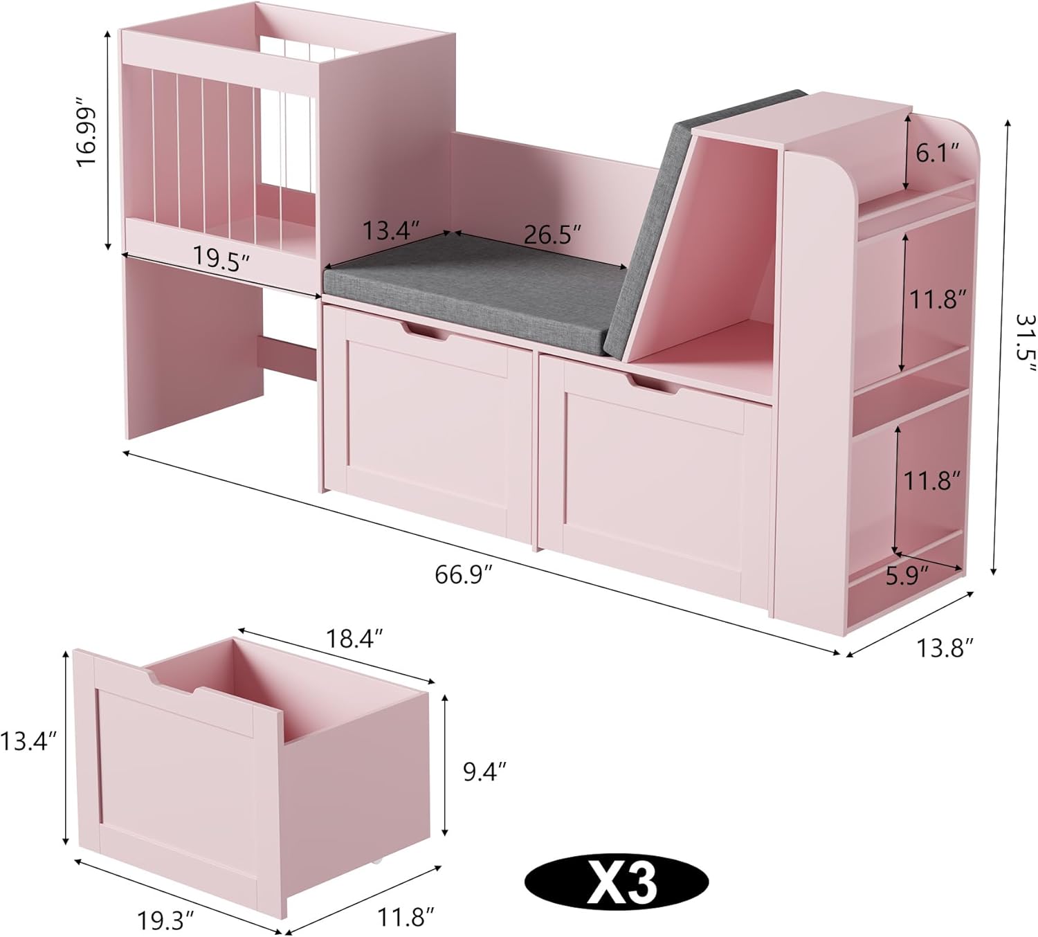 VortinT 66.9" Kids Reading Nook, Toy Storage Organizer with Stuffed Animal Storage, Bench and Removable Cushions, Wooden Toddler Bookshelf with 3 Movable Drawers for Nursery, Playroom (Pink)