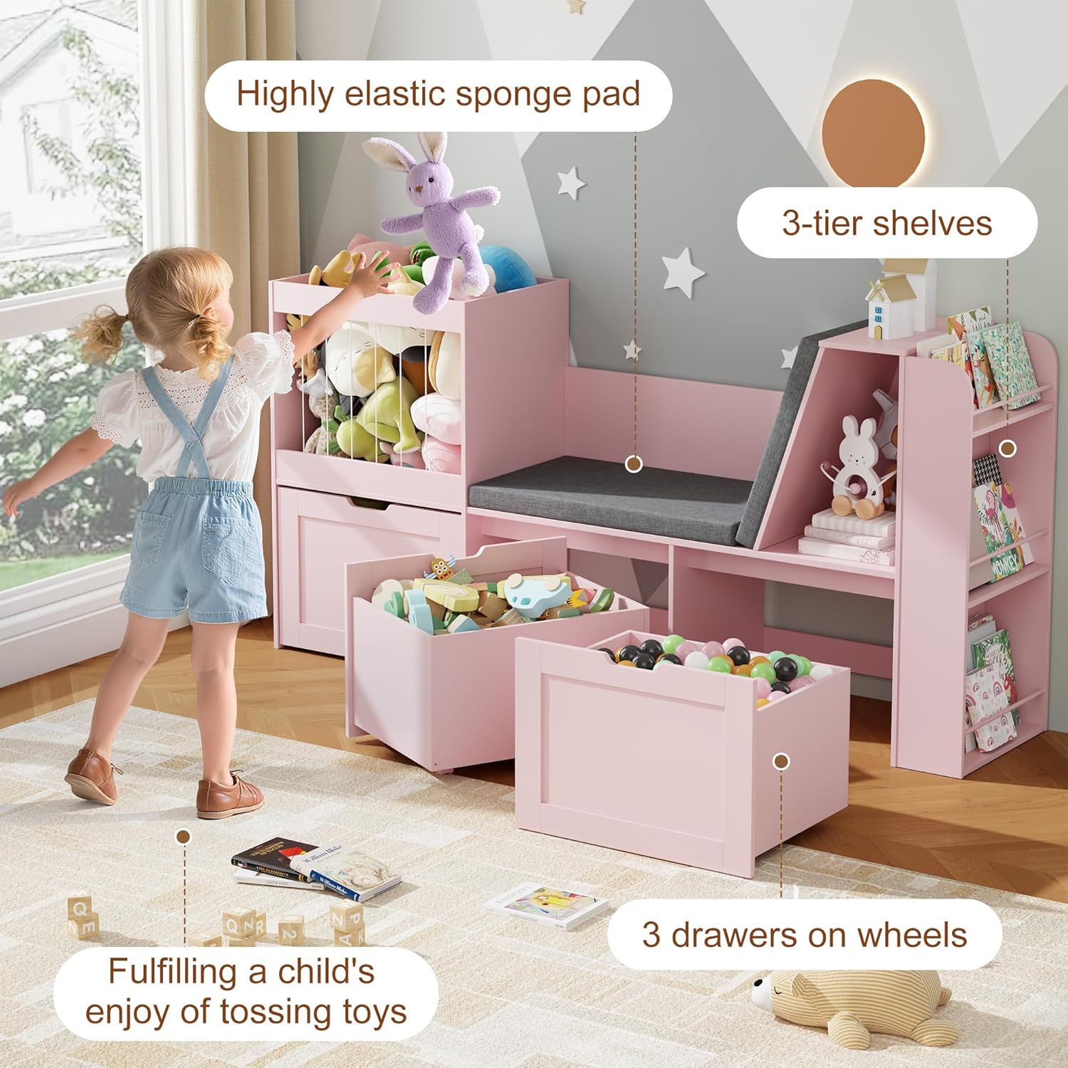 Alternative view of VortinT 66.9" Kids Reading Nook, Toy Storage Organizer with Stuffed Animal Storage, Bench and Removable Cushions, Wooden Toddler Bookshelf with 3 Movable Drawers for Nursery, Playroom (Pink)